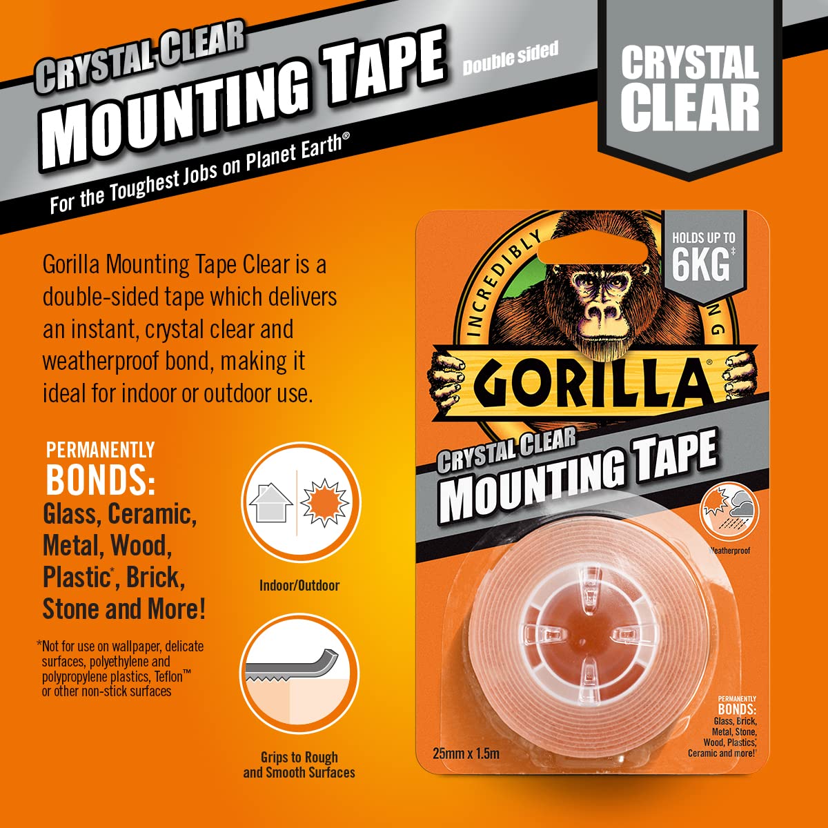 Gorilla Double Sided Mounting Tape Clear 1.5m, Pack of 1