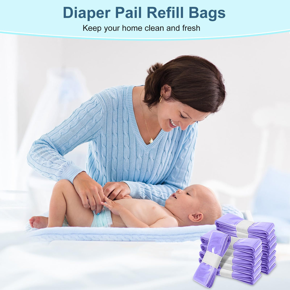12er-Pack Nappy Bin Refills, vacvad 4.5m Diaper Bin Pail Disposal Bags, Nappy Bin Liners Replacement Strong Seal & Tear Resistance, Compatible with Most Nappy Disposal Systems (Blue)