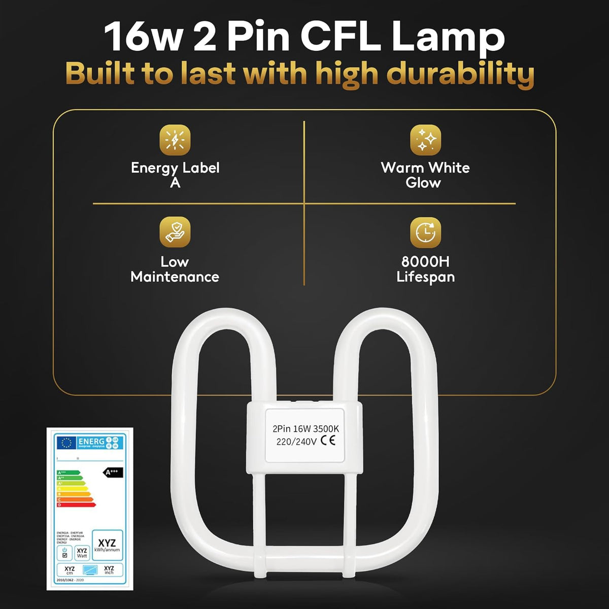 Quebec 16W 2D Square 2-Pin GR8 Cap Compact Fluorescent Lamp, Warm White 3500K, Non-Dimmable CFL Light Bulb, Energy Class A, AC 230V, DD Flat Butterfly Bulb for Flush Mount Ceiling Lighting, 8000 Hours