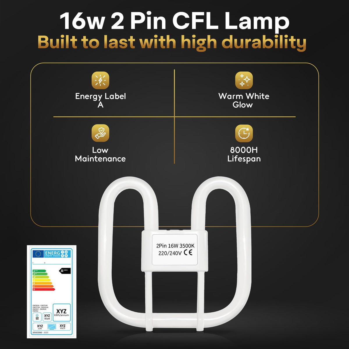 Quebec 16W 2D Square 2-Pin GR8 Cap Compact Fluorescent Lamp, Warm White 3500K, Non-Dimmable CFL Light Bulb, Energy Class A, AC 230V, DD Flat Butterfly Bulb for Flush Mount Ceiling Lighting, 8000 Hours