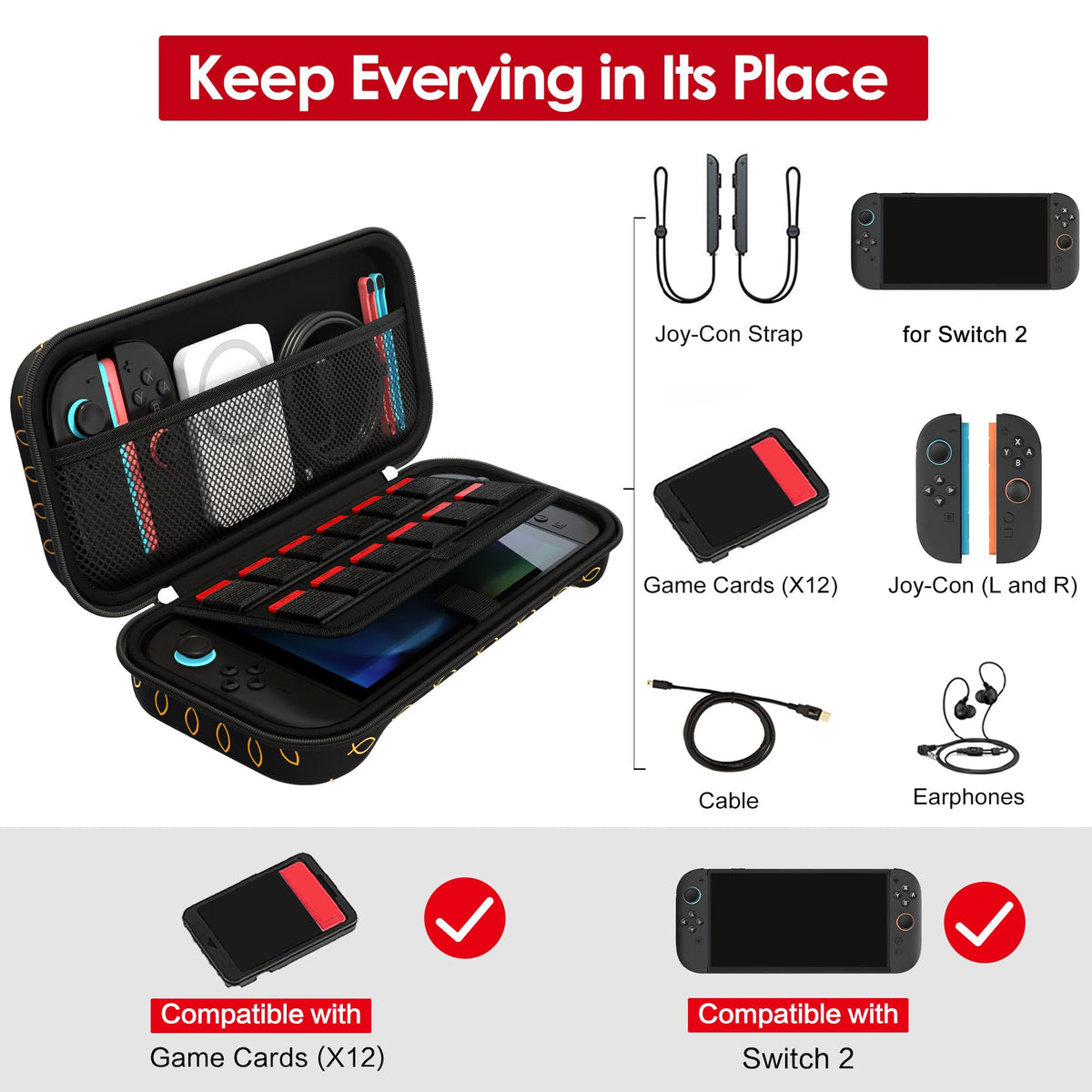 ivoler Carry Case for Nintendo Switch 2 (2025 Model) – Protective Portable Hard Shell Pouch Carrying Travel Game Bag for Nintendo Switch 2 Accessories Holds 12 Game Cartridge– Black