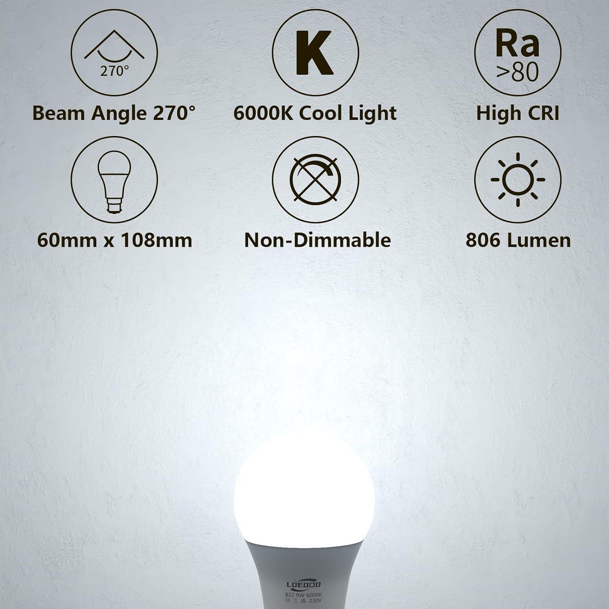 B22 Bayonet Light Bulb 9W=60W, 6000K Cool White, 806LM, Pack of 6