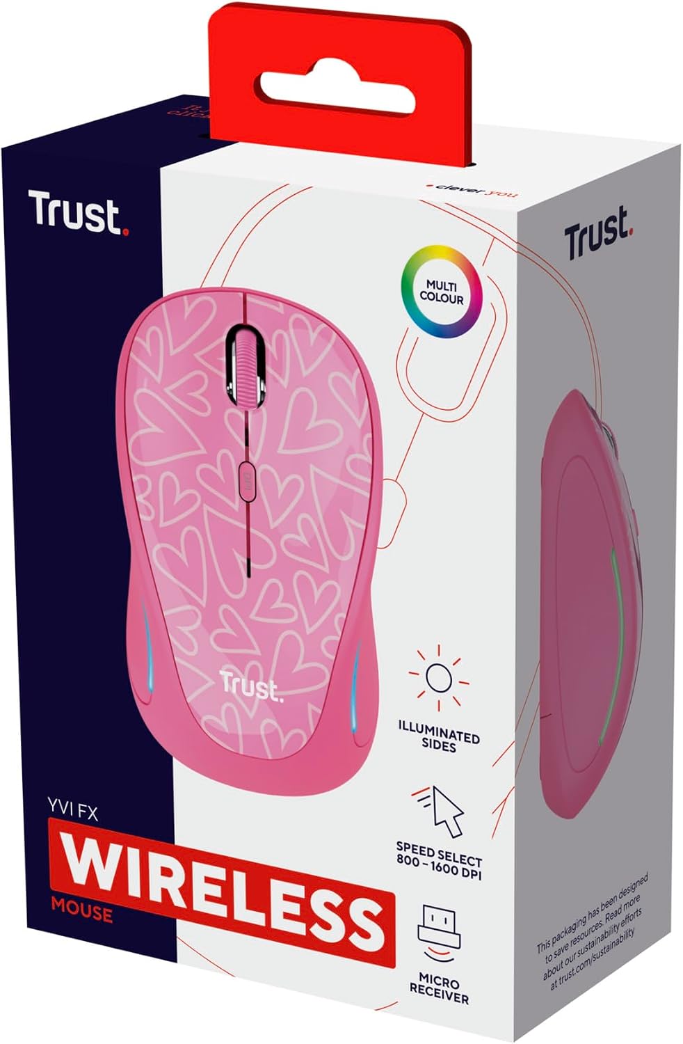 Trust Yvi FX Wireless Mouse with LED Illumination, USB Micro Receiver, RF 2.4 GHz, 800/1600 DPI, Ambidextrous, 8 m Range, Computer Mouse for Laptop, PC and Mac - Pink
