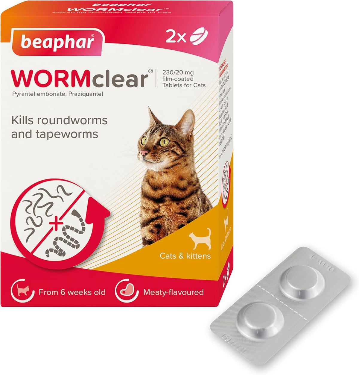 Beaphar - WORMclear® Tablets for Cats - 2 Tablet Pack - Kills All Common UK Intestinal Worms (Roundworms & Tapeworms) - Vet Strength Worm Treatment - Meaty-Flavoured - For Cats Over 6 Weeks Old & 1kg