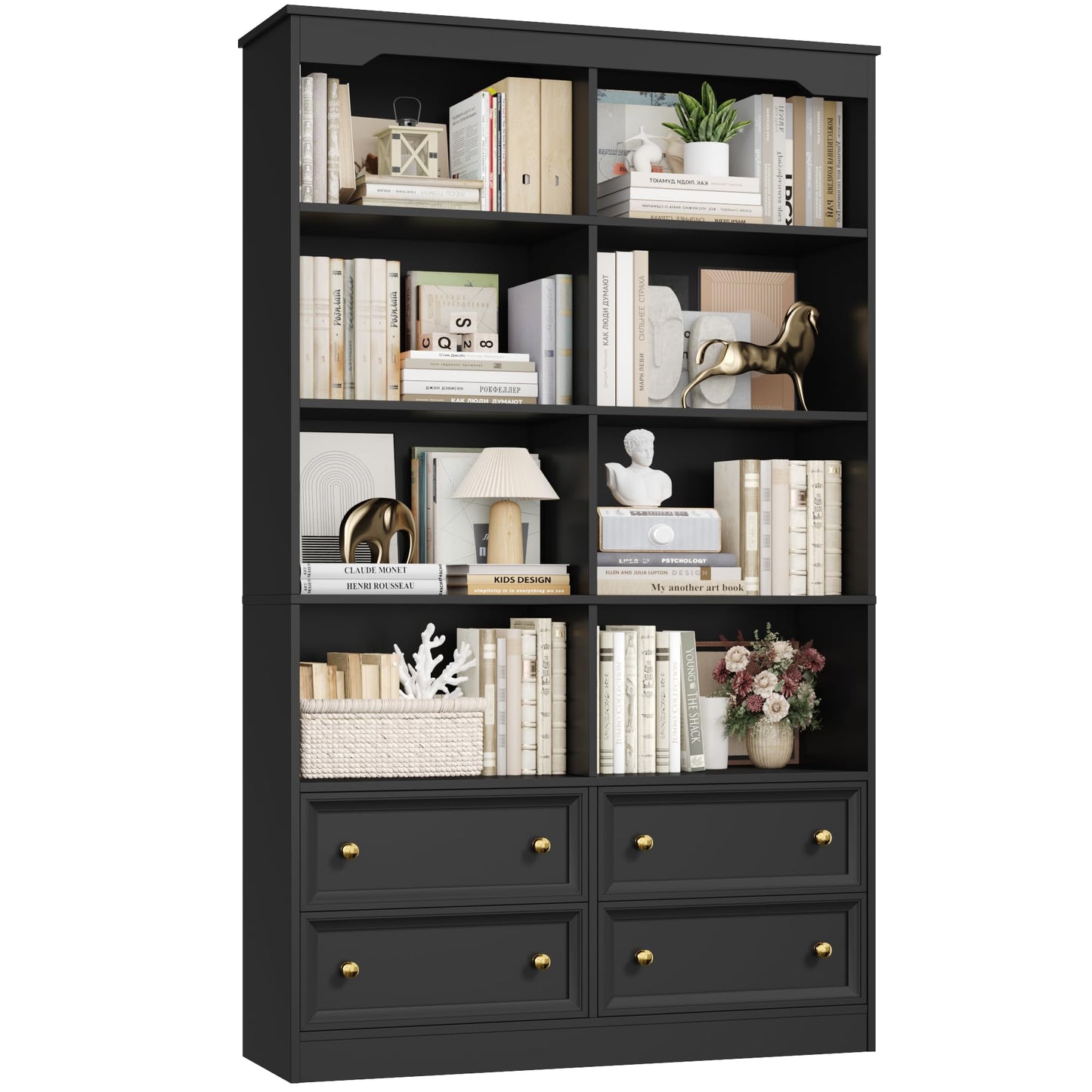 FirFurd Bookcase 180cm Tall Bookshelf with Drawers Living Room Bookcase 8 Open Compartments Free Standing Display Shelf Tall Shelving Unit for Home Office 180x100x30cm White