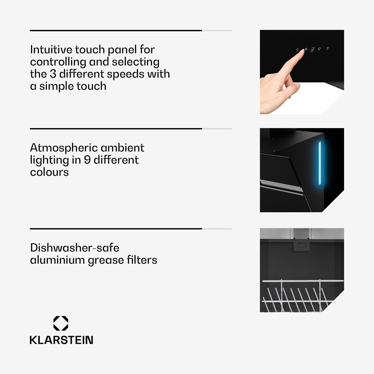 Klarstein Alina 90 Angled Cooker Hood - 615m³/h Air Flow, Touch Panel, LED Backlighting, Quiet 63dB, Energy Class A, 90cm Extractor Hood, Black