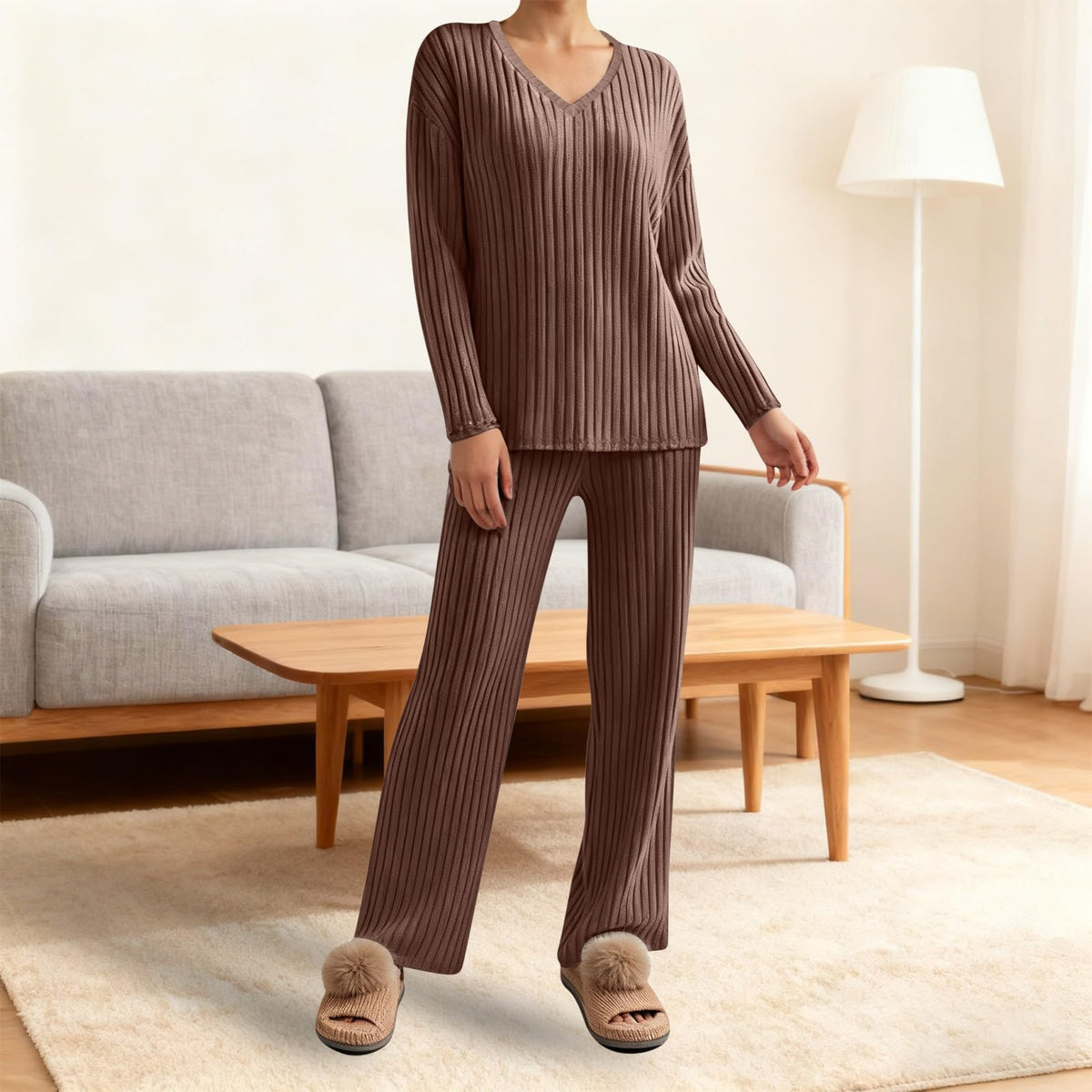 Lounge Wear Sets For Women Uk Womens Pyjamas Set Ladies Pyjamas Two Piece Outfit Fleece Tracksuits V-Neck Long Sleeve Jumpers And Wide Leg Trousers With Pockets Sleepwear Plain Casual Homewear