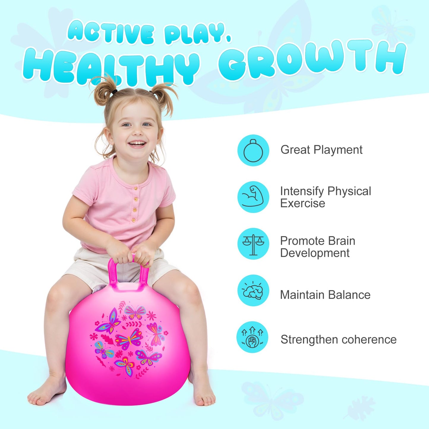 Vastoy 20 Inch Space Hopper Ball for Kids 6-9 Years - Anti-Slip Space Hopper with Hand Pump, Bouncy Inflatable Ride On Toy for Indoor Outdoor Fun, for Children (Blue Eyes)
