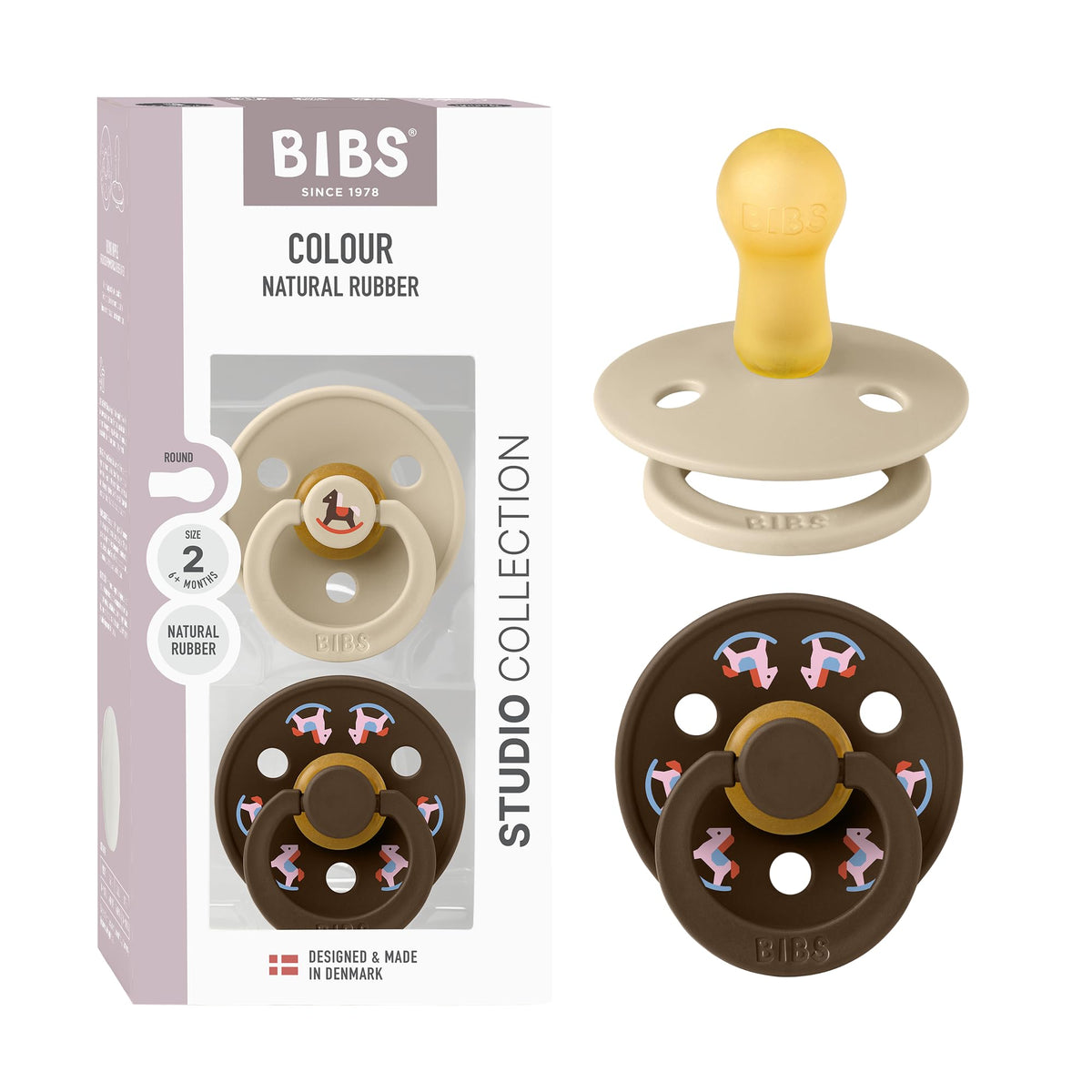 BIBS Colour Soother 2-Pack, BPA Free Dummy Pacifier, Round Nipple. Natural Rubber Latex, Made in Denmark, Size 2 (6-18 Months), Baby Blue