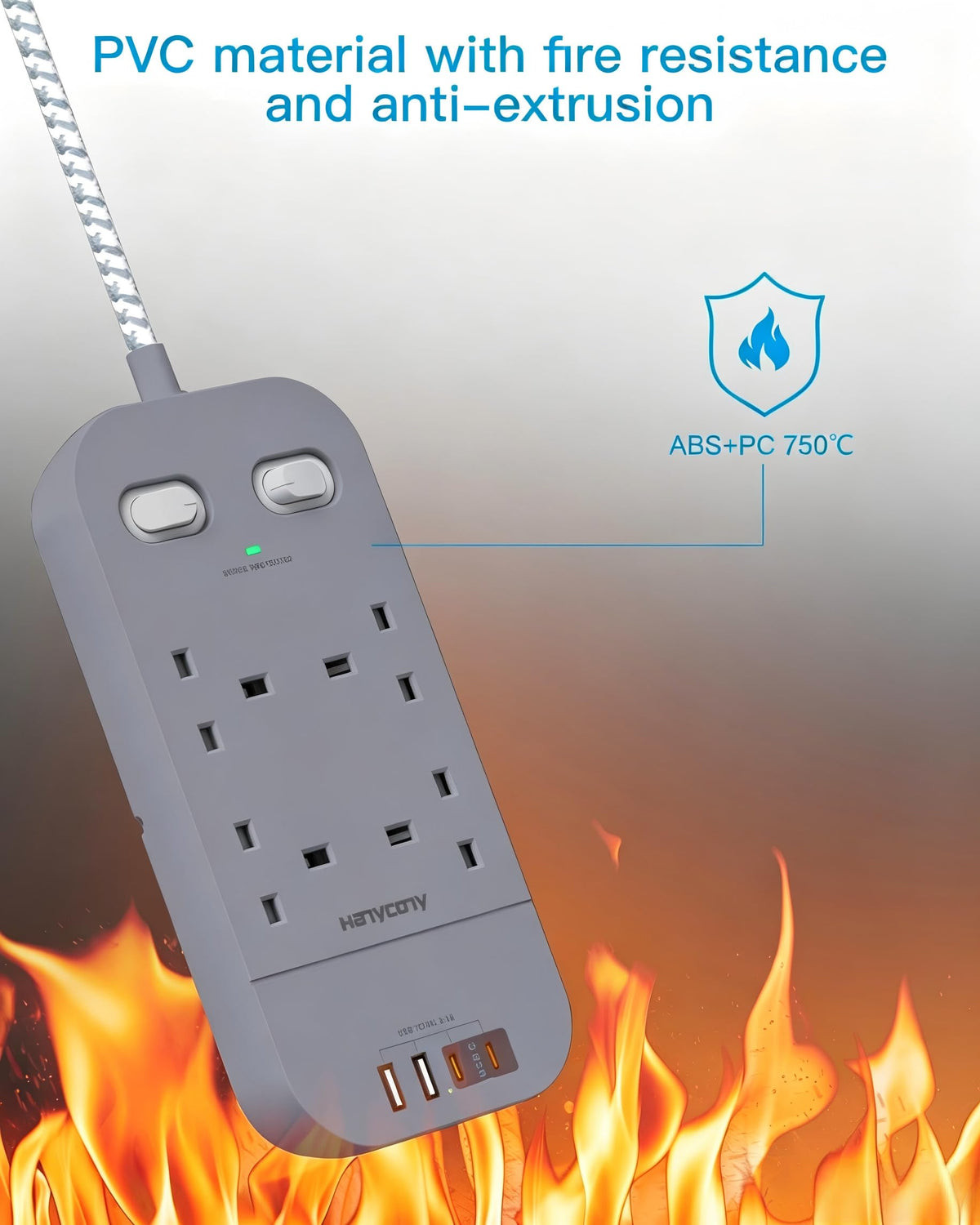5M Extension Lead Surge Protected, 4 Way Outlets with 2 USB C & 2 USB A