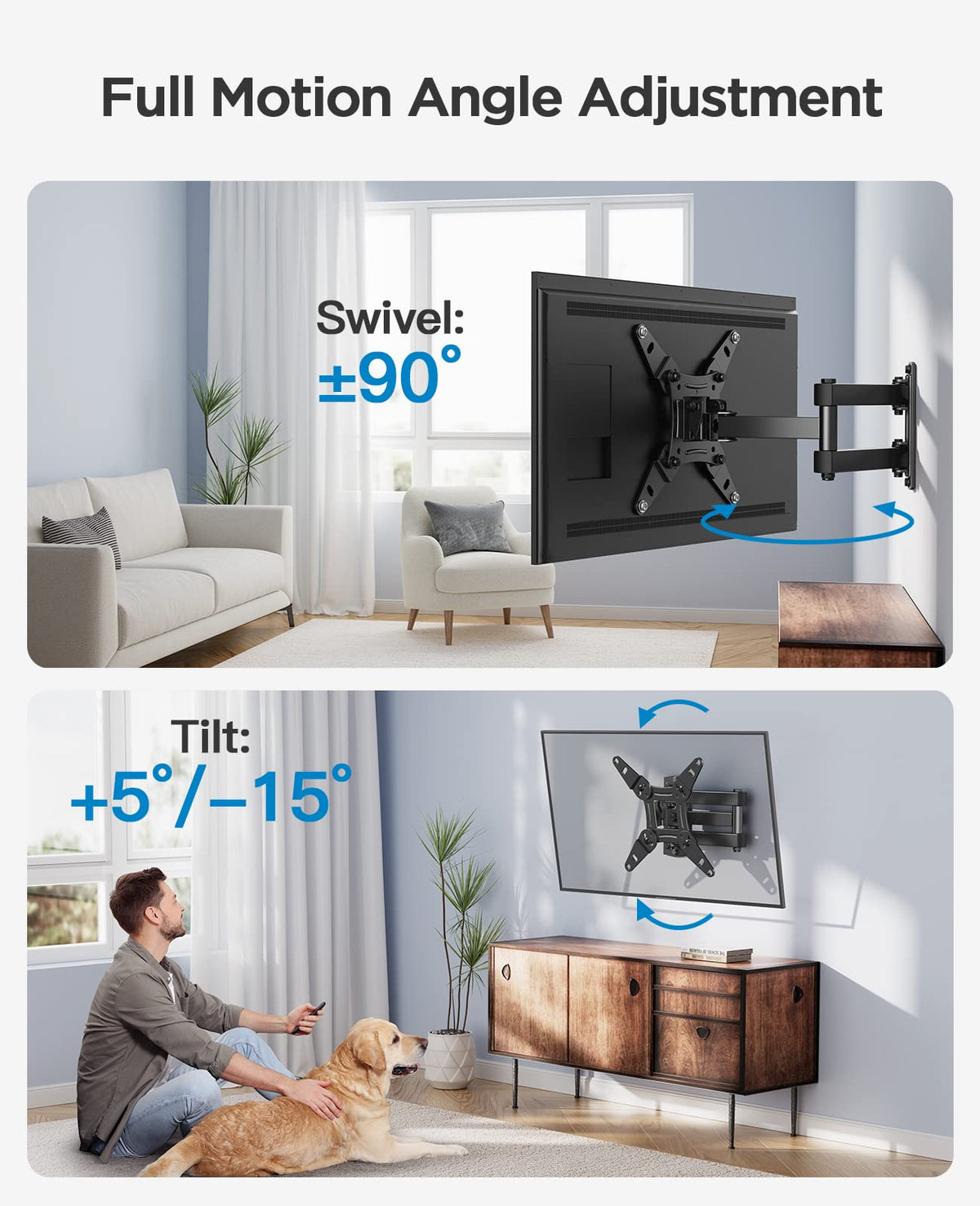 PERLESMITH TV Wall bracket for most 26-60 inch Plasma & Curved TV up to 35kg, Universal TV Bracket Wall Mount with Tilt Swivel Extension, Max VESA 400x400mm