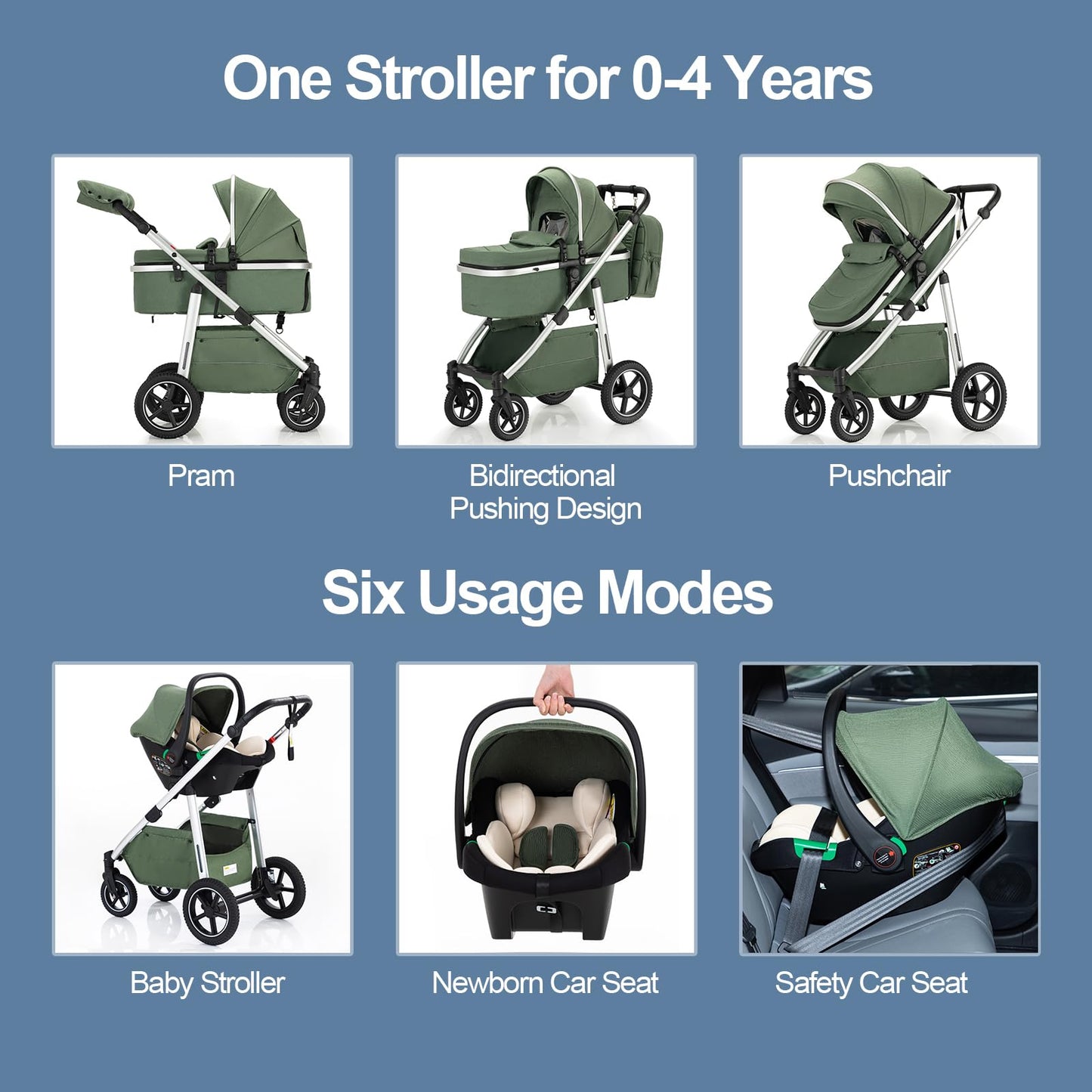 Gcarebb 3 in 1 Prams Travel System, Pushchair with Height Adjustable Handle, Travel Pram with Mosquito Net, Baby Stroller with Aluminum Frame for Newborn 0-4 Years