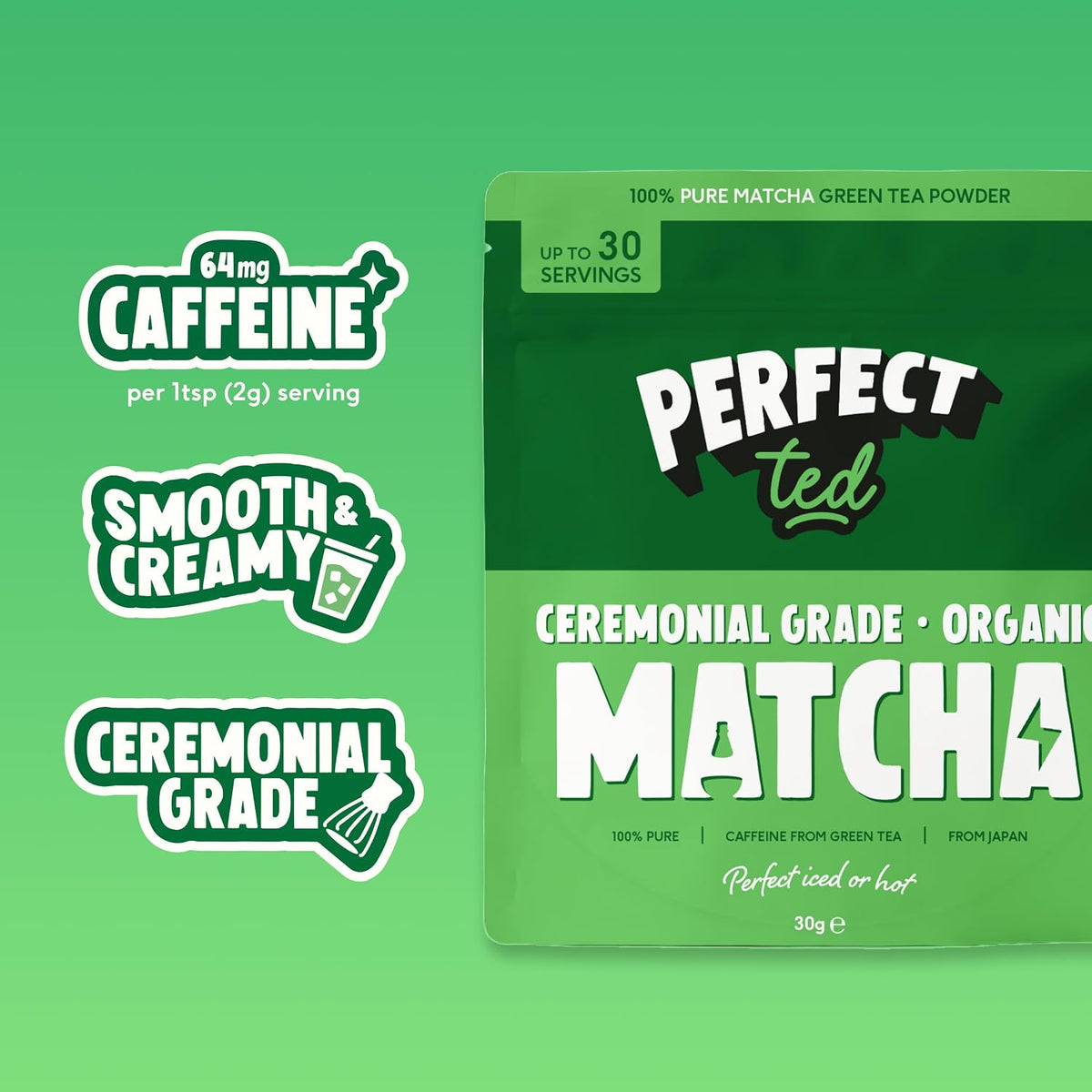 PerfectTed Matcha Powder | Organic Ceremonial Grade Japanese Matcha | 30g