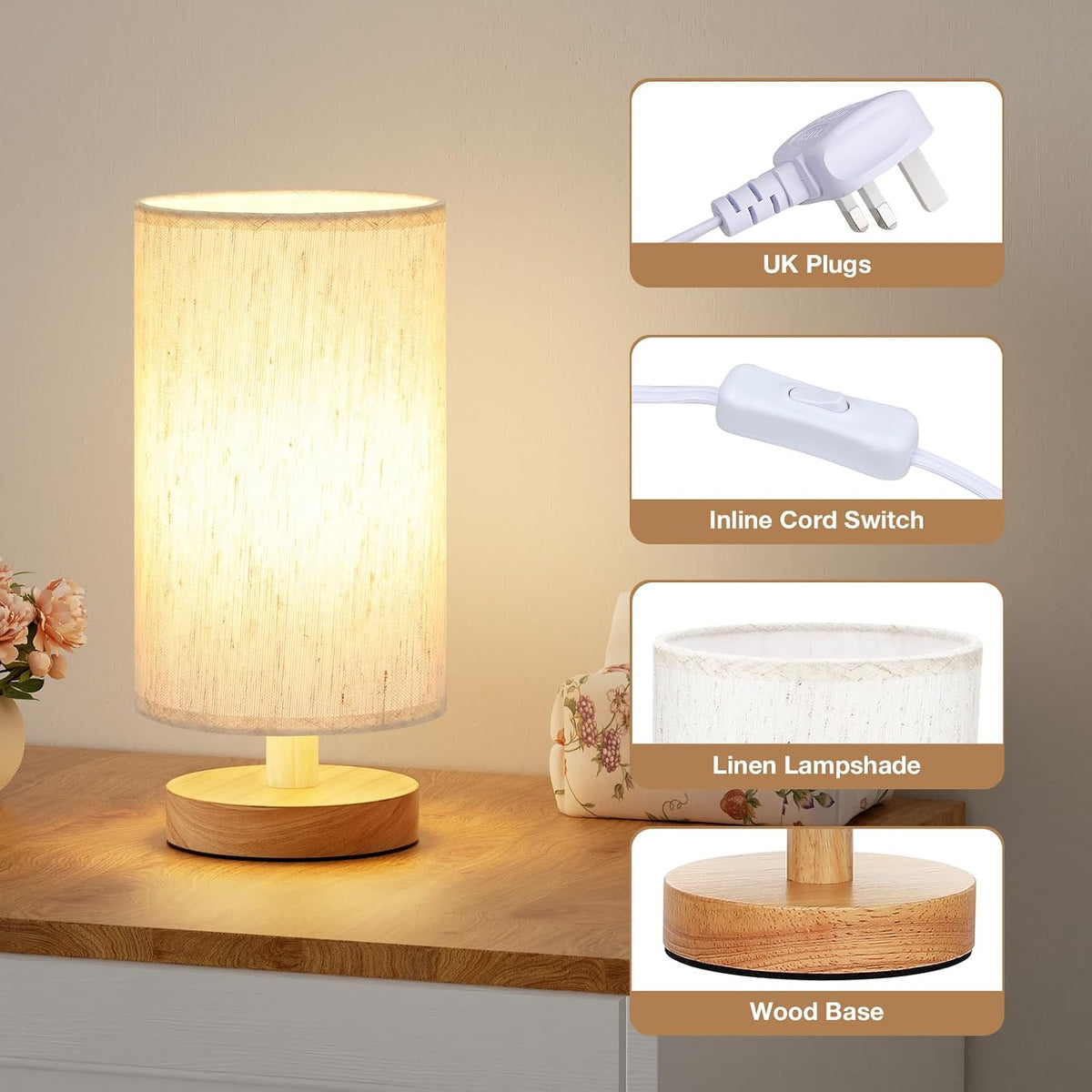 Aooshine Bedside Lamps, 3000K Warm Table Lamp for Bedroom Living Room