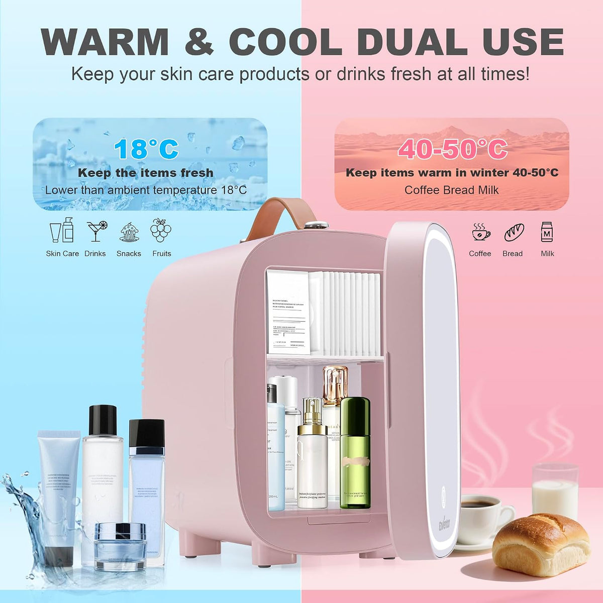 Enventor Mini Fridge 4L/ 6 Can, 3-Level Dimmable LED Mirror, AC+12V DC
