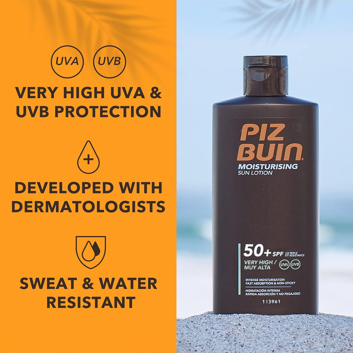 Piz Buin Moisturising Sun Lotion SPF 50+ (200ml), Triple-Resistance Sunscreen with UVA/UVB Filters, Protective and Hydrating Skincare for UV Exposure