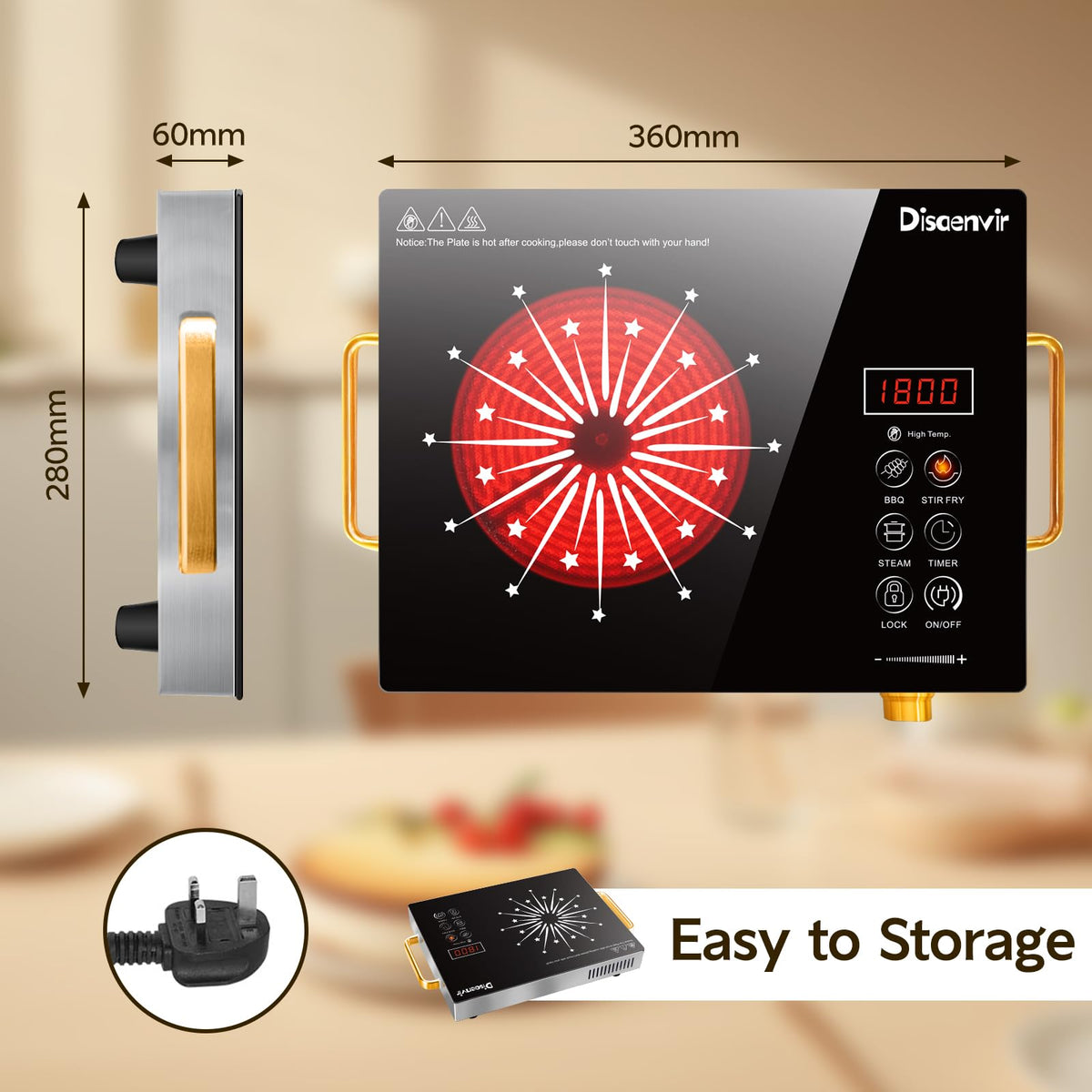 Double Ceramic Hob with Handle, Plug in 2 Ring Electric Hob