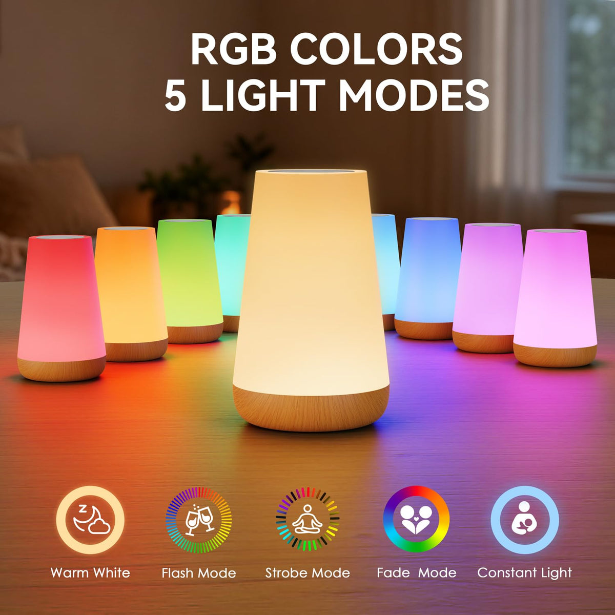 Auxmir Night Light 2 Pack, LED Touch Bedside Table Lamp, 2500mAh Rechargeable Light with RGB Color Changing, Portable Lamp for Children, Kids, Bedroom, Living Room, Camping