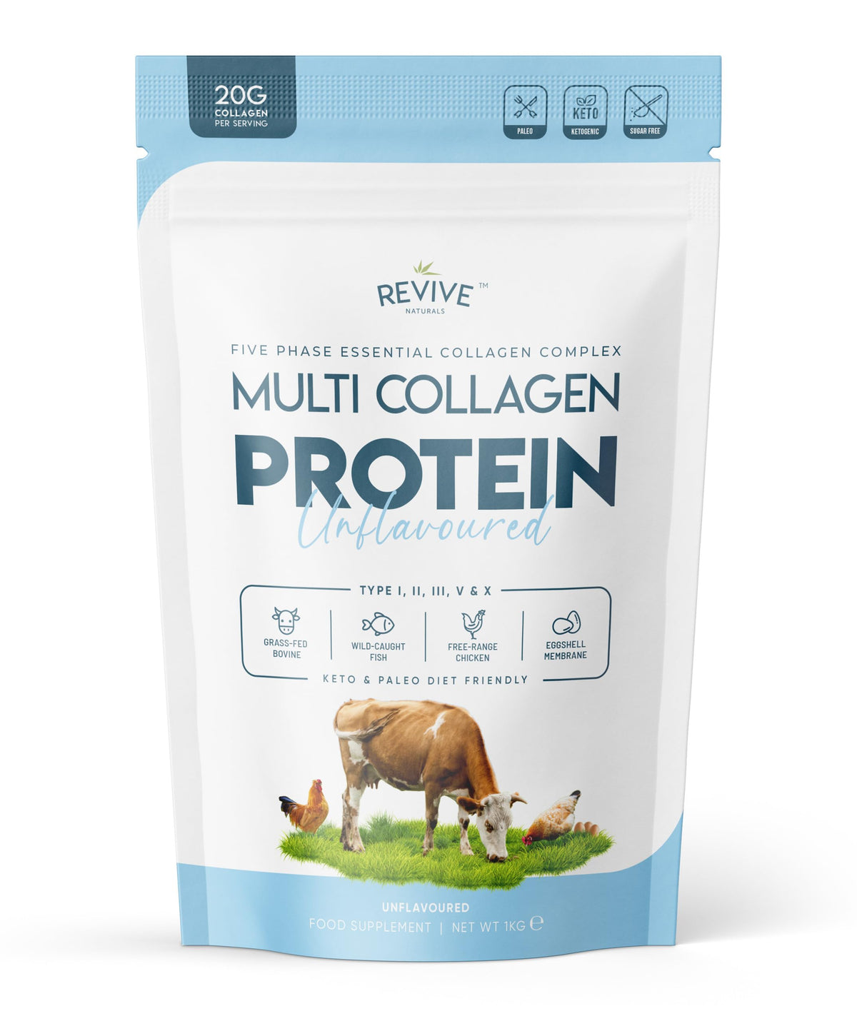 Multi Collagen Protein Powder 400g - Types I, II, III, V & X - Hydrolyzed Grass Fed Bovine, Wild Caught Fish, & Free-Range Chicken & Eggshell Collagen by Revive Naturals