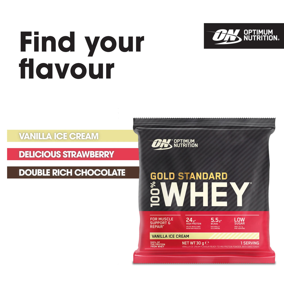Optimum Nutrition Gold Standard 100% Whey Muscle Building and Recovery Protein Powder With Naturally Occurring Glutamine and BCAA Amino Acids, Double Rich Chocolate Flavour, Pack of 24, 24 x 31g