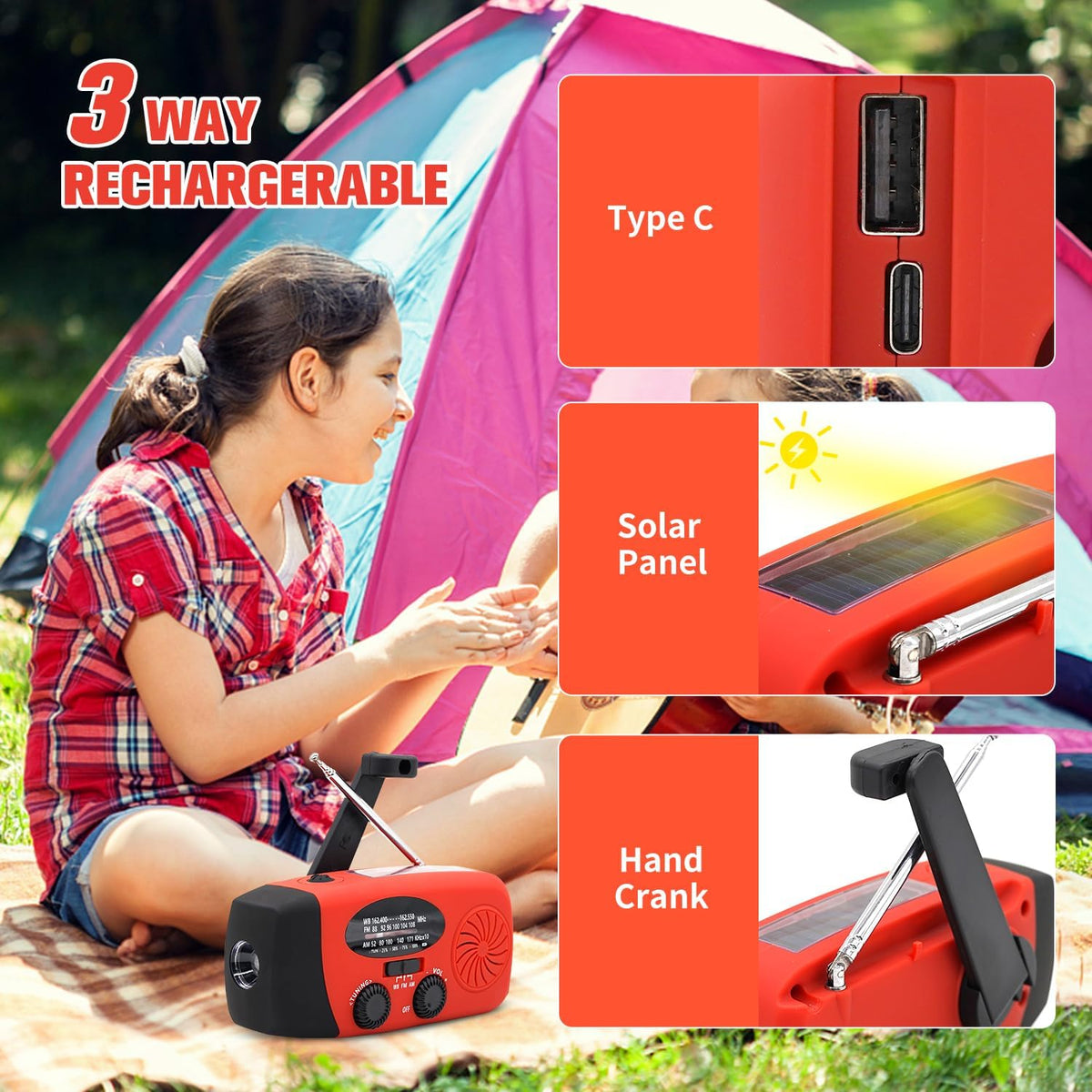 5000mAh Wind Up Solar Radio, Emergency Crank Weather Radio, FM/AM Radios