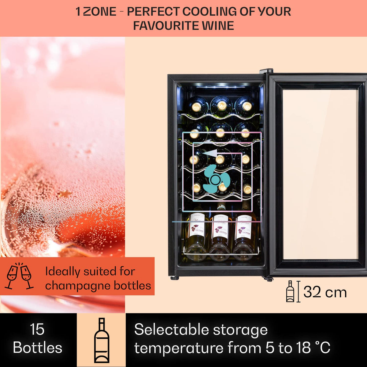 KLARSTEIN Shiraz Wine Cooler Black – 8 Bottles, 1 Zone | Freestanding Wine Fridge with Glass Door, Quiet, 5–18 °C, LED, Stainless Steel Frame