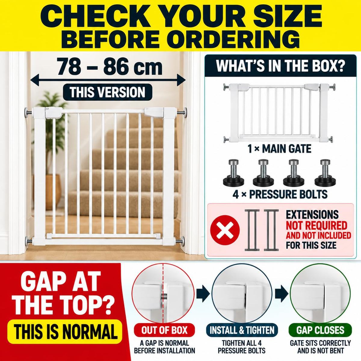 For Your Little One Pressure Fit Safety Stair Gate – 100–107 cm – 2 x 7 cm Extensions Included – No Screws Needed | One-Hand Opening | Baby & Pet Gate for Stairs & Doorways, Grey