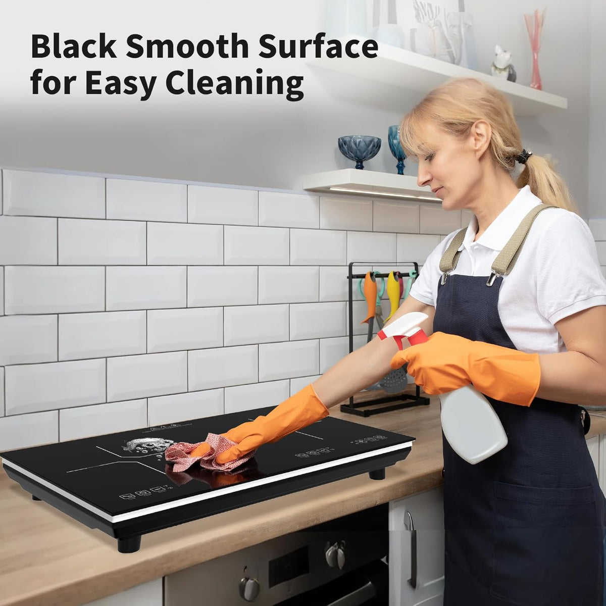 VBGK Double Electric Hob, 220V 3600W Ceramic Hob with Handle, Electric Hot Plate with 9 Power Levels, Child Safety Lock, Timer,Knob and Touch Control, 2 Burner Cooktop
