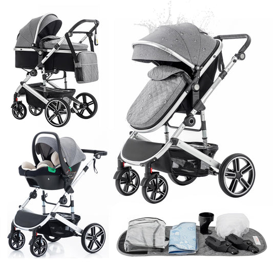 Gcarebb 3-in-1 Pram & Pushchair Travel System — Car Seat Compatible, Double Shock Absorption, EN1888-2 Tested | Birth to 4 Years