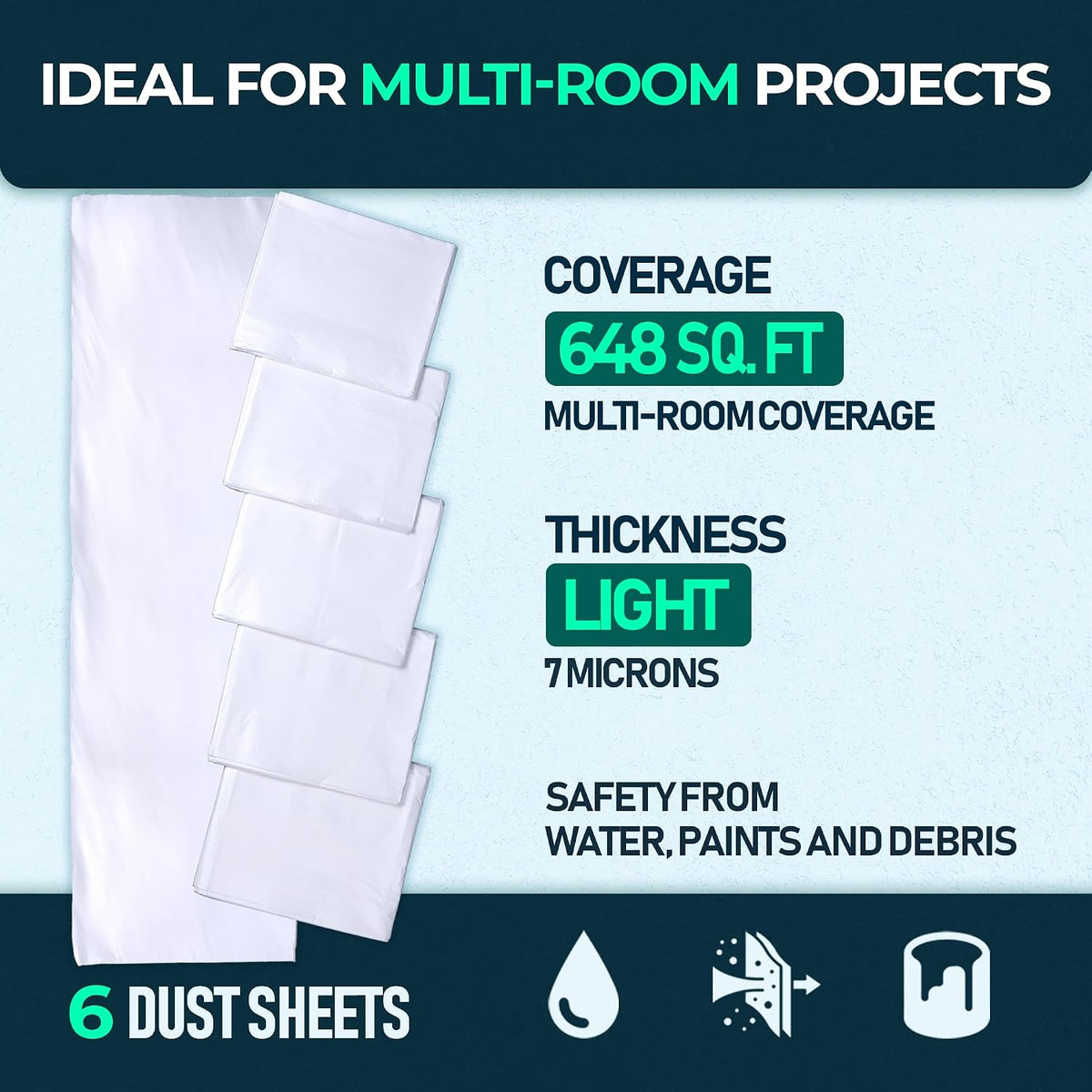 6-Pack Clear Plastic Dust Sheets for Painting & Decorating,12ft x 9ft Each