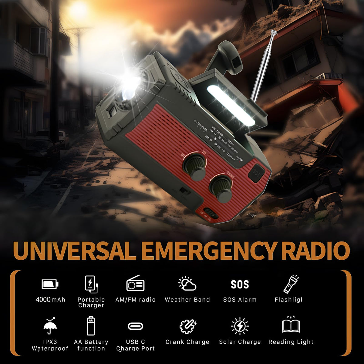 SOLARBABY Wind Up Solar Radio, Emergency Hand Crank Self Powered AM/FM Survival Solar Weather Radio with LED Flashlight,SOS Alarm,2000mAh Emergency Power Bank for Smart Phone (M-Orange)
