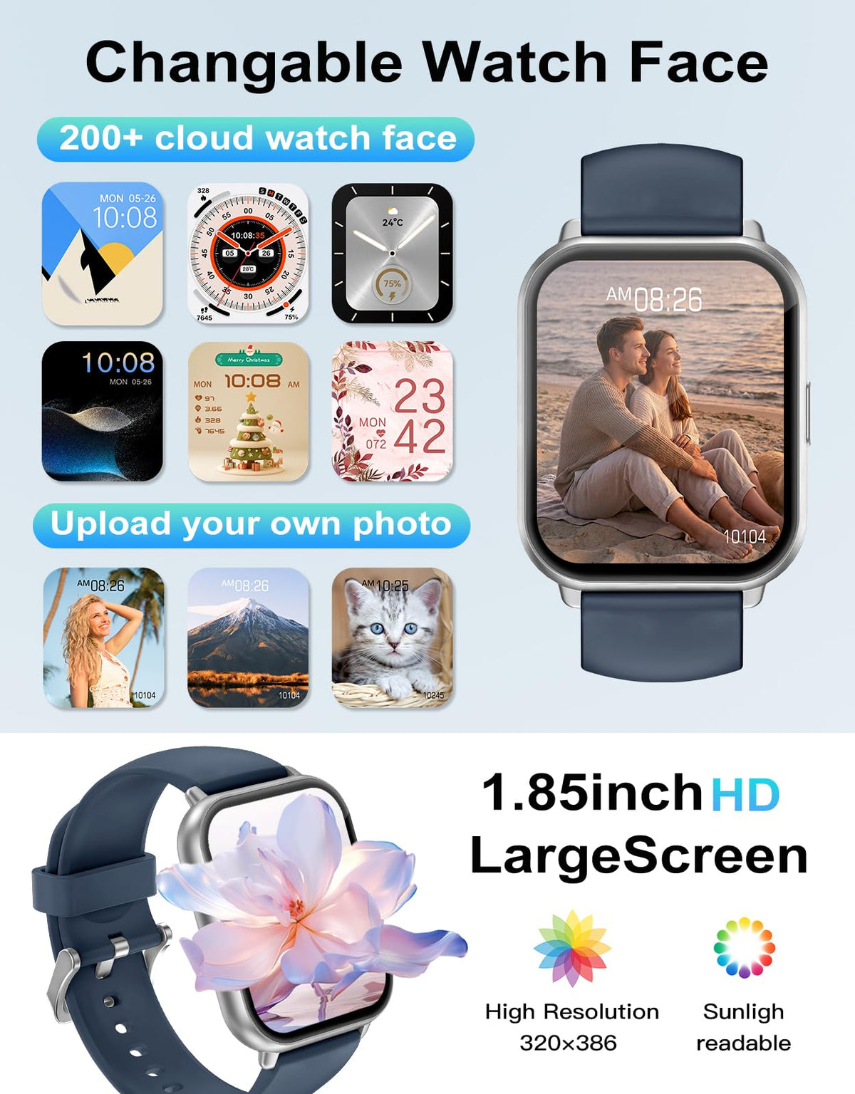 RUIMEN Smart Watch Answer Dial Call,Smart Watches for Women Men 1.85" HD Screen Fitness watch with SpO2 Heart Rate Sleep Monitor Step Counter Waterproof 100+ Sports Mode for Android iOS (2 Bands)