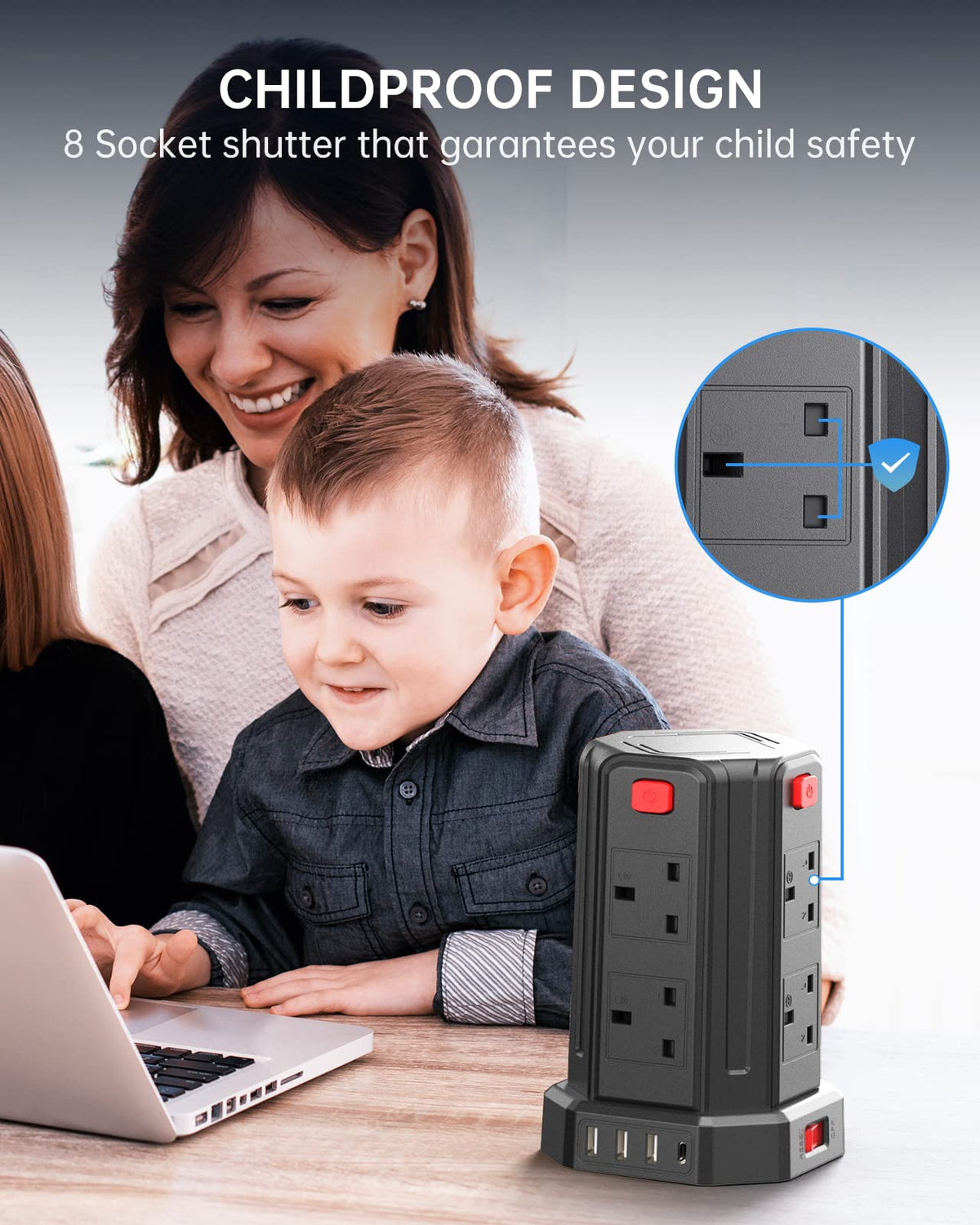 Tower Extension Lead 3M, 8 AC Outlets and 4 USB Ports Extension Tower