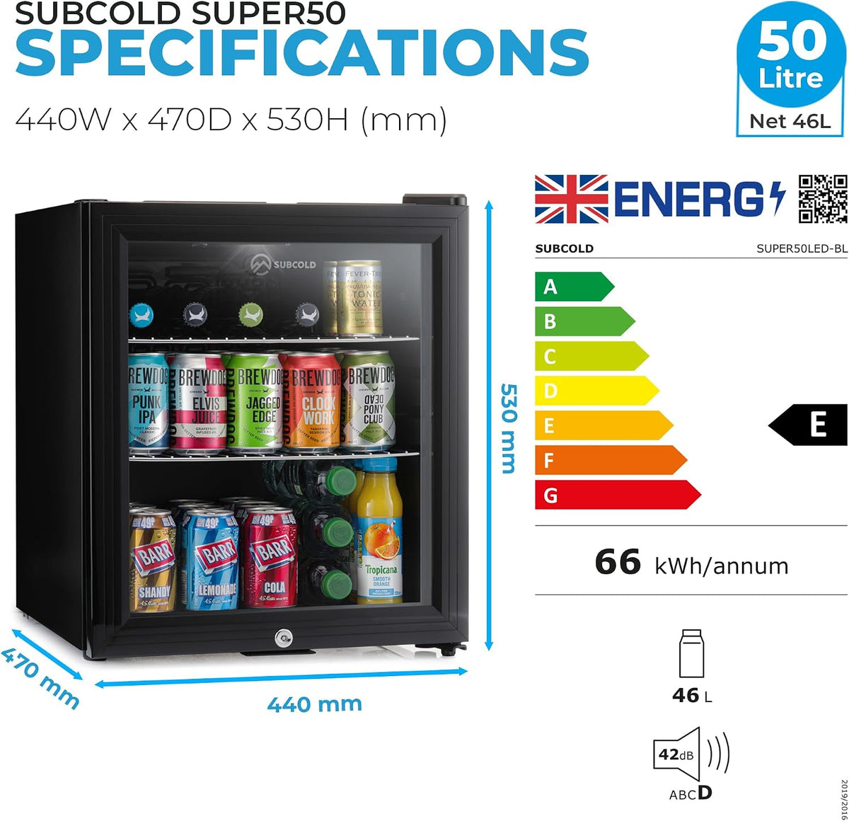 Subcold Super50 LED Beer Fridge | 55 Cans | 3-18°C | Glass Door