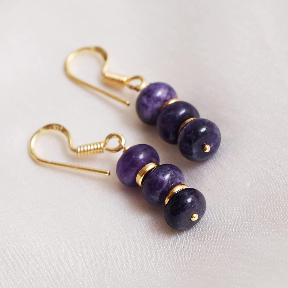 Gempires Natural Gemstone Rondelle Bead Earrings for Women | 8mm Beaded Drop Dangle Earrings | Gold Plated Hypoallergenic Hook Jewelry | Handmade Lightweight Crystal Earrings