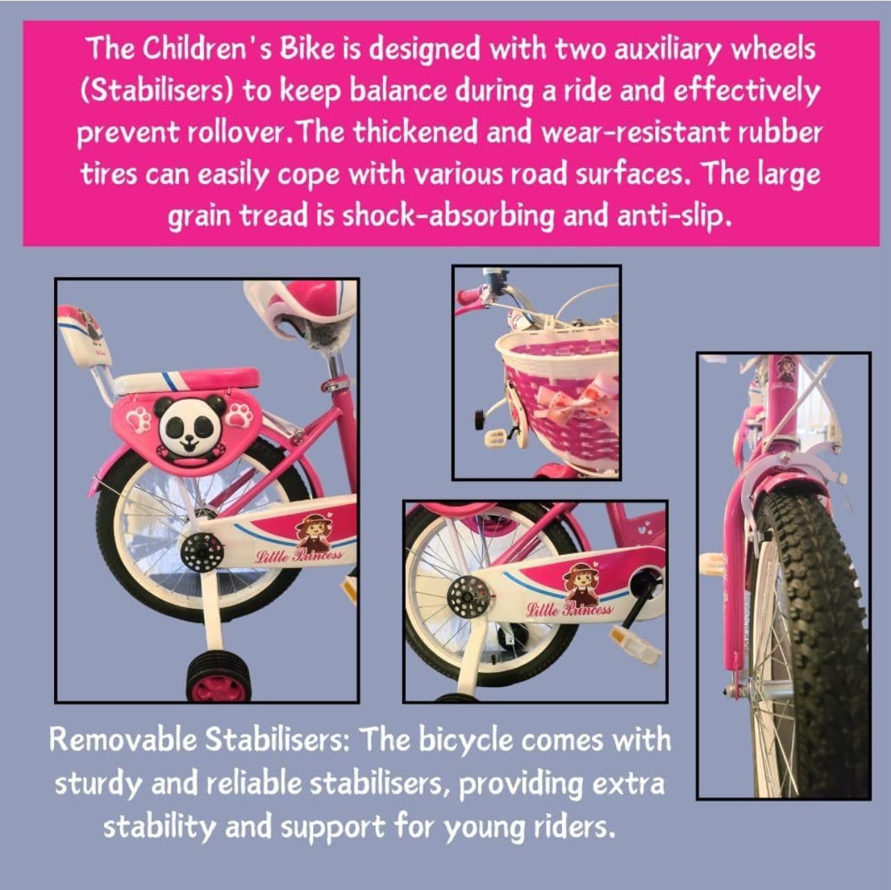 Pink Girls Bike 16" with Stabilisers, Basket & Bell — Adjustable Seat & Handlebars