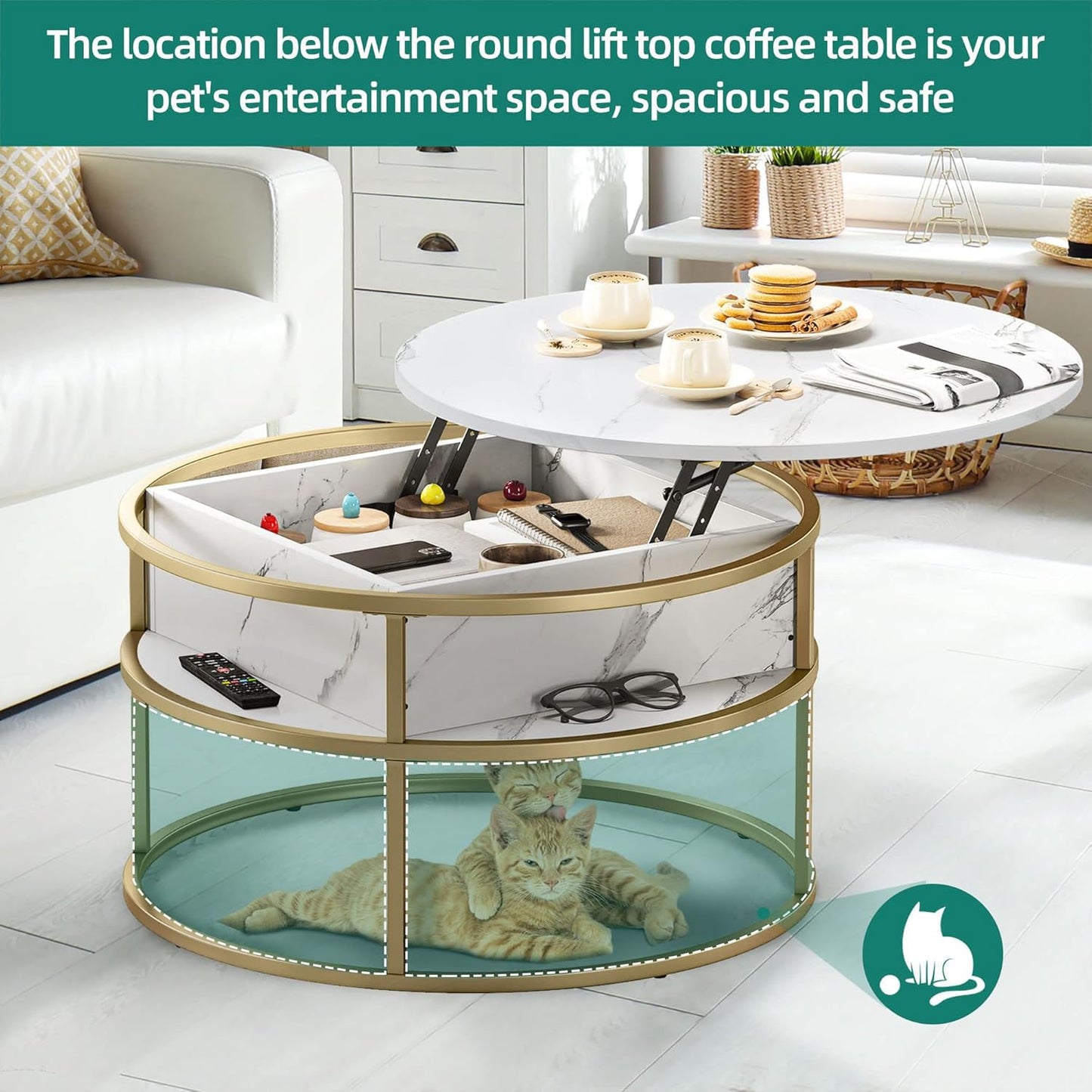 YITAHOME Coffee Table with Lift Top, lift up Coffee Table Round with Hidden Storage Compartment, 60x60x47cm