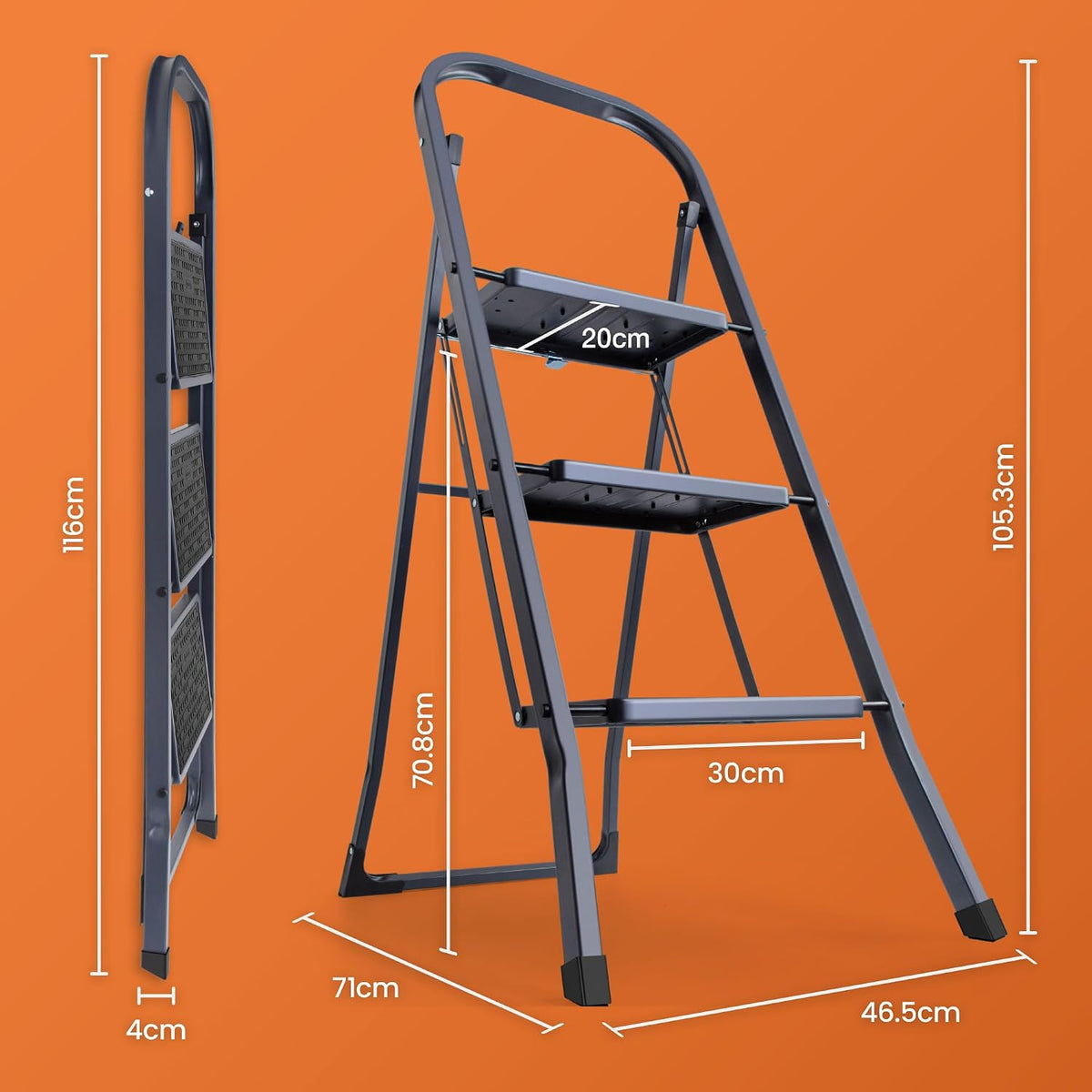 VonHaus 3 Step Ladder – Premium Quality Folding Step Ladder for DIY and Gardening - Anti Slip Feet, Easy to Store Ladder, 150KG Max Capacity - Durable Steel