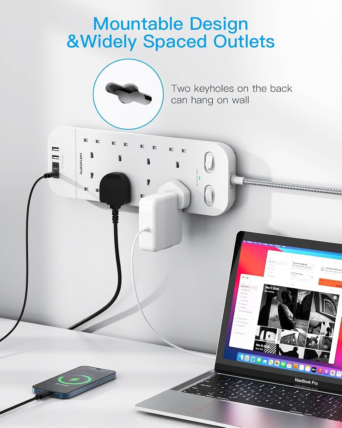 Extension Lead with 2 USB C Slots, 8 Way Power Strip Surge Protector