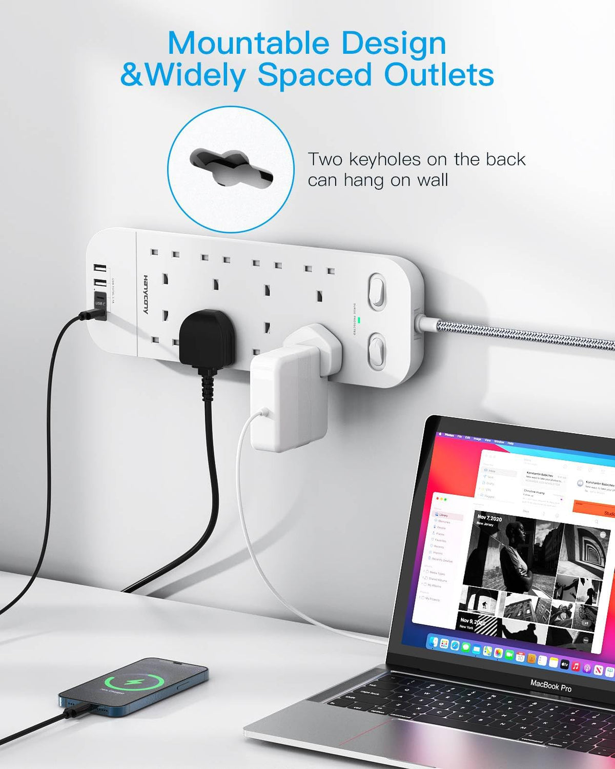 Extension Lead with 2 USB C Slots, 8 Way Power Strip Surge Protector