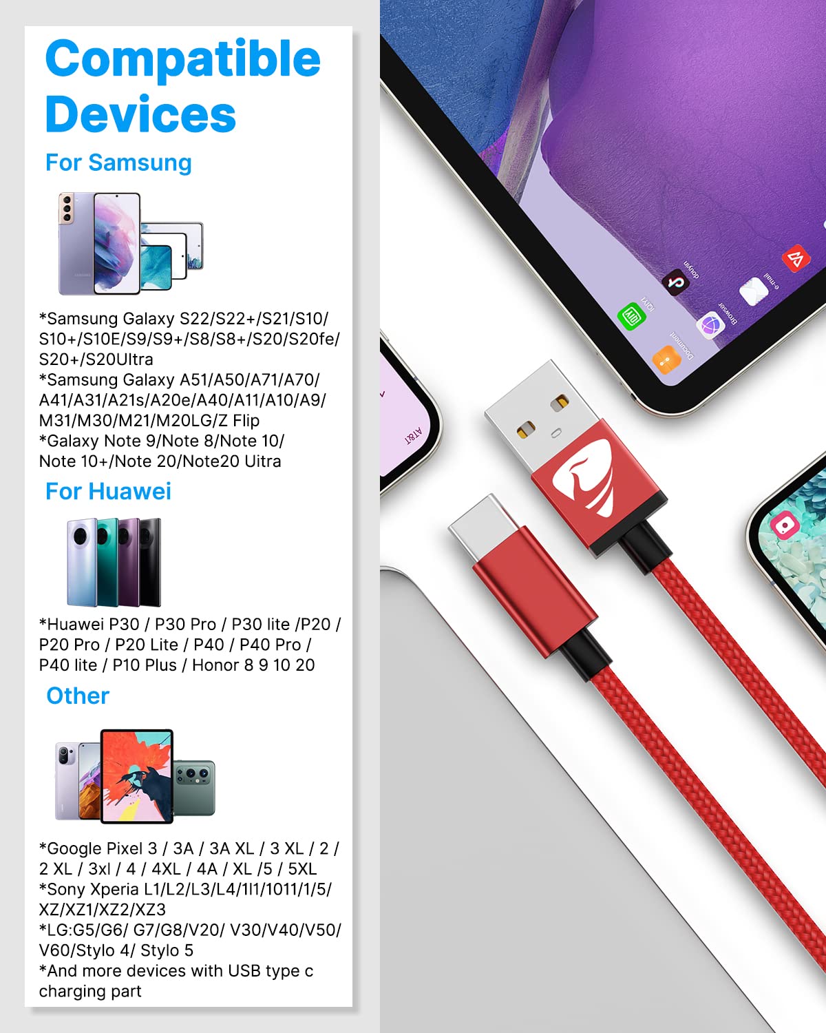 Yosou USB C Charger Cable 2M 2Pack USB A to USB C Type C Charger Fast Charging 3A Lead Braided for Samsung Galaxy S22 S21 S20,Pixel 8 7 6,PS5,Switch