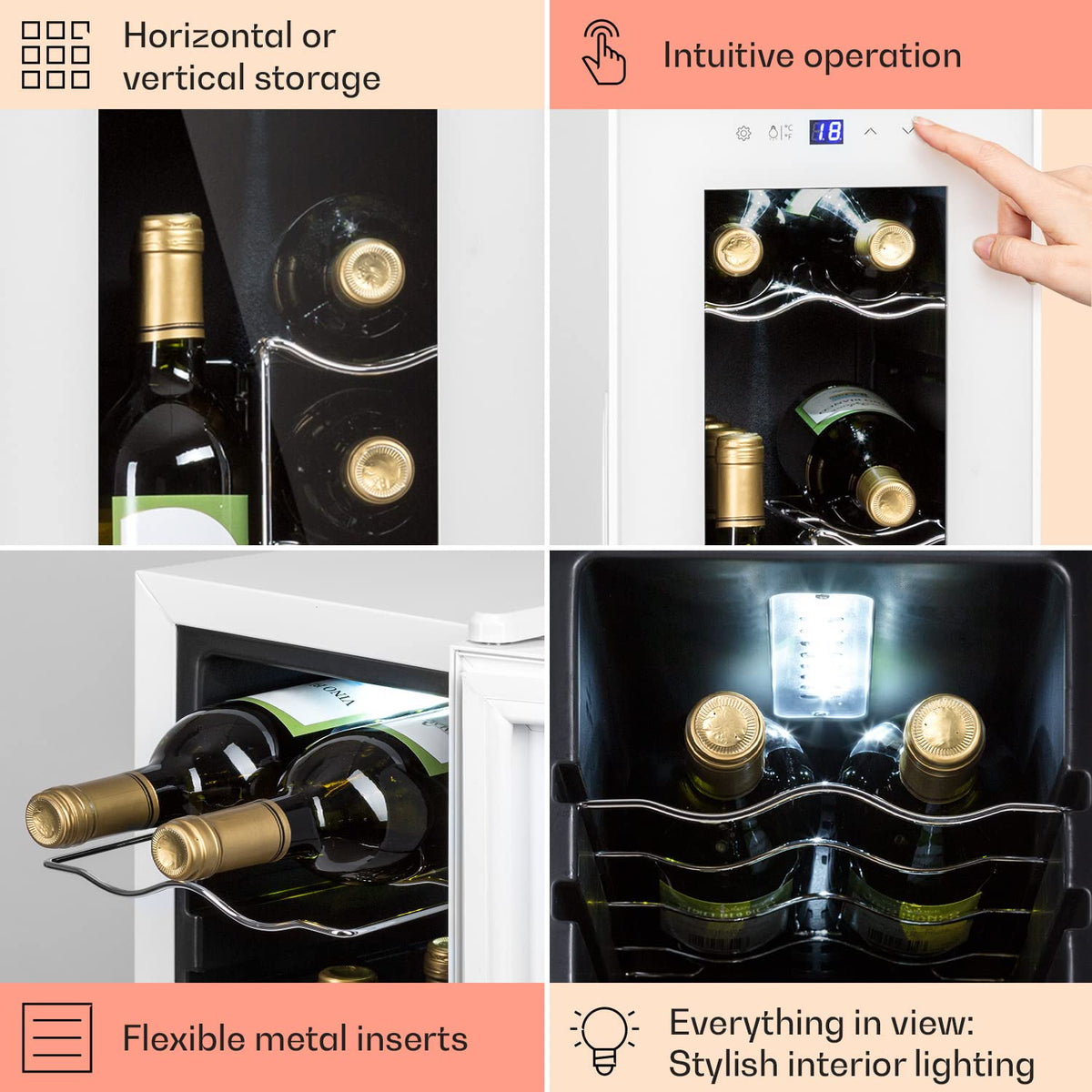 KLARSTEIN Shiraz Wine Cooler Black – 8 Bottles, 1 Zone | Freestanding Wine Fridge with Glass Door, Quiet, 5–18 °C, LED, Stainless Steel Frame