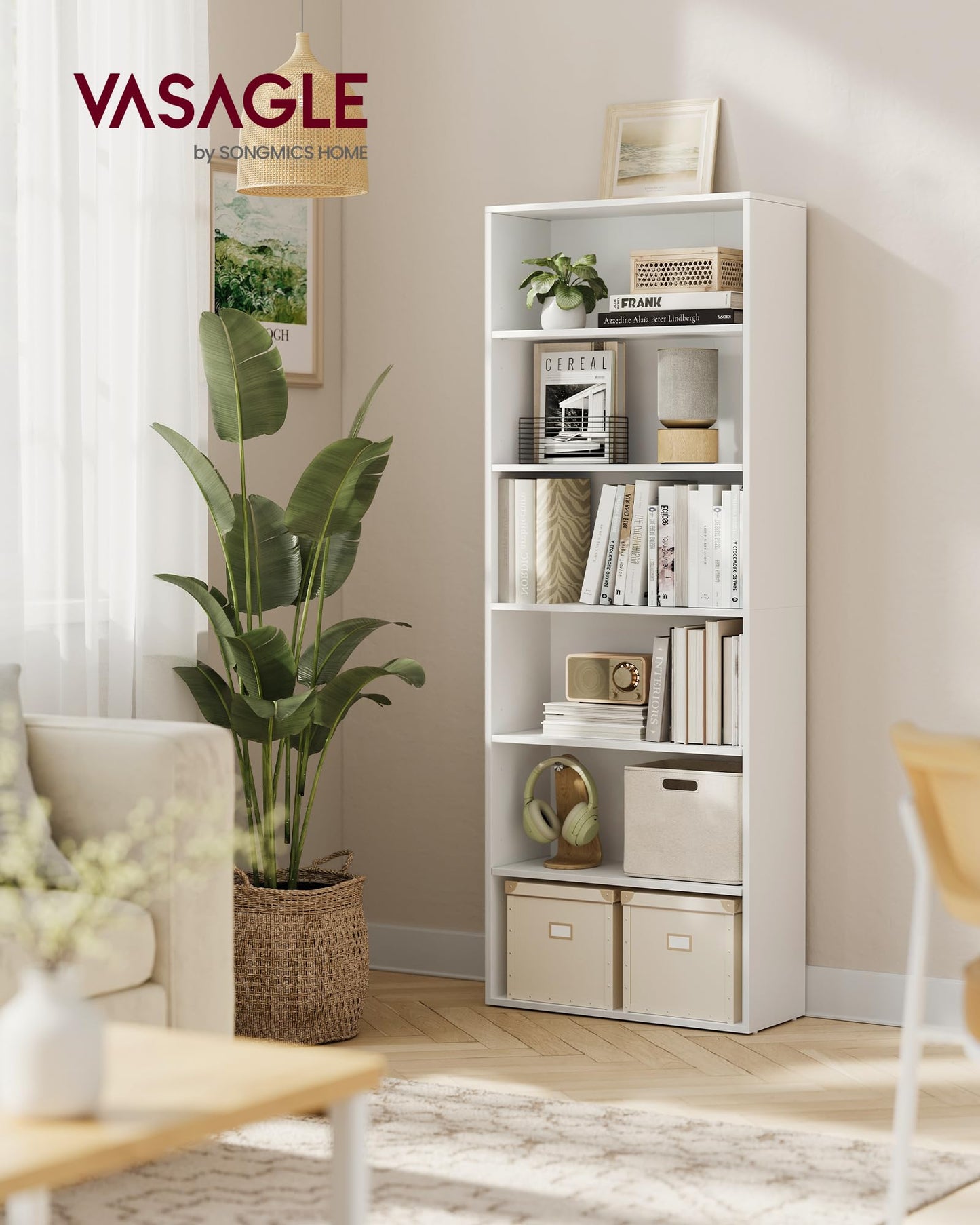VASAGLE Bookcase, 6-Tier Bookshelf, Open Storage Shelf, Shelving Unit, 24 x 60 x 178.5 cm, for Living Room, Home Office, Dinning Room, Cloud White LBC169T14