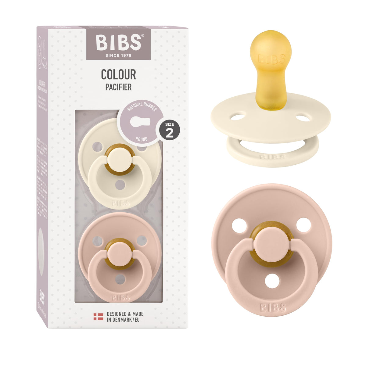 BIBS Colour Soother 2-Pack, BPA Free Dummy Pacifier, Round Nipple. Natural Rubber Latex, Made in Denmark, Size 2 (6-18 Months), Baby Blue