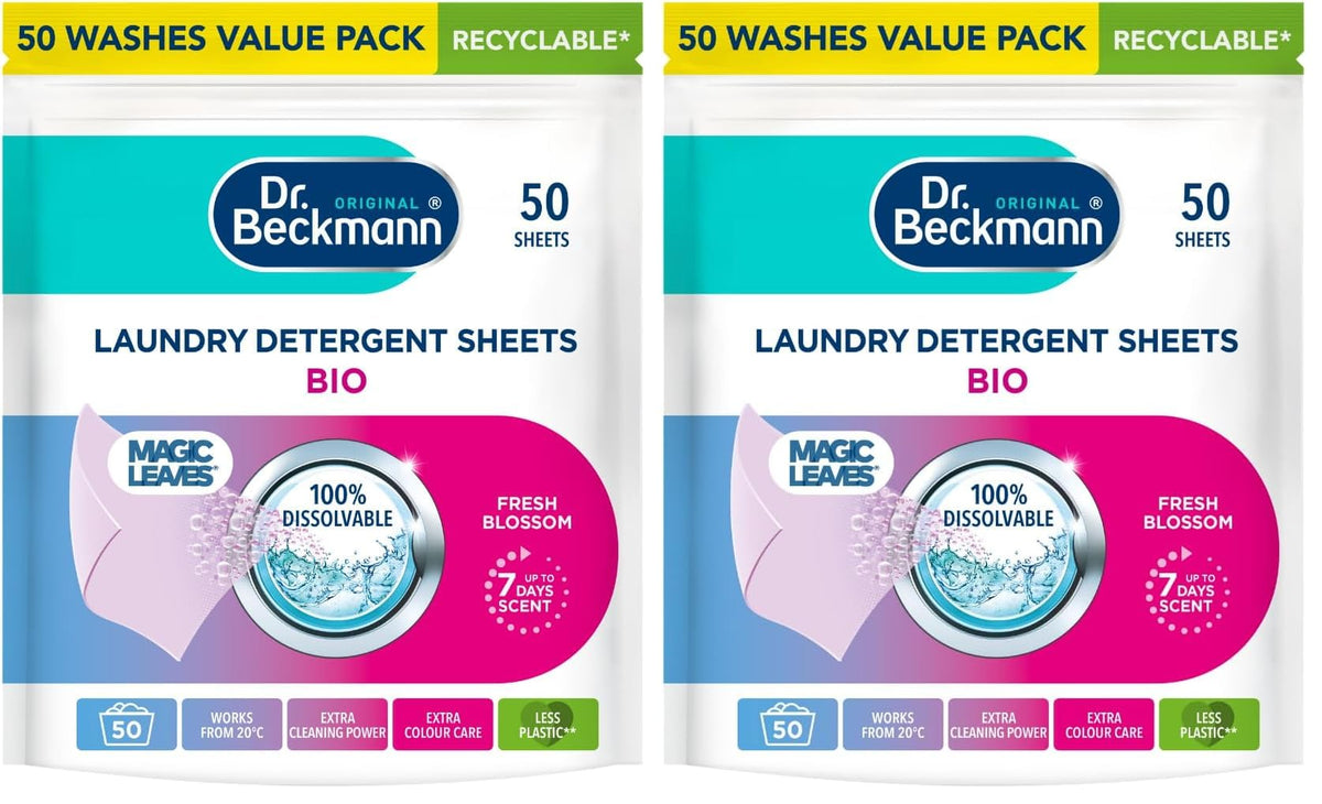 Dr. Beckmann MAGIC LEAVES Laundry Detergent Sheets BIO | Convenient and pre-dosed laundry detergent sheets | Dissolvable climate neutral and easy to use | 25 sheets