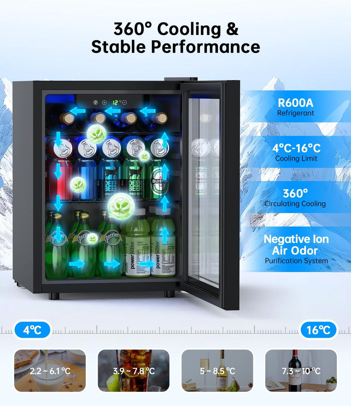 WIE 48L Drinks Fridge with Glass Door, Beer Fridge for 68 Cans or 12 Wine Bottles, Mini Fridge 4-16°C Touch Control, Quiet Beverage Refrigerators with LED Light, Reversible Door for Home, Bar, Office
