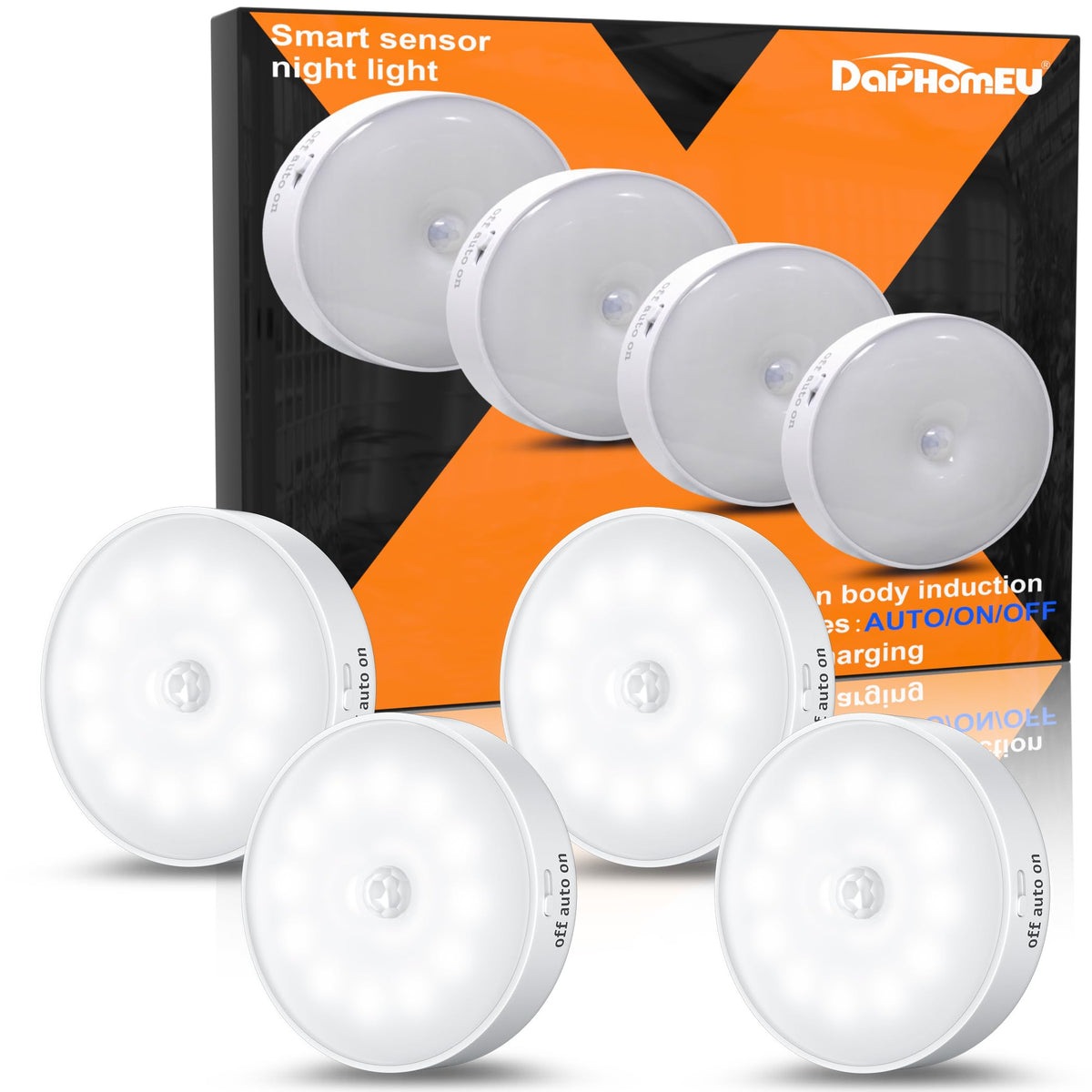 daphomeu Motion Sensor Lights Indoor,6 Pack Wireless USB Rechargeable Cupboard Lights,Stick on Wall Night Light,Battery Operated for Stair Wardrobe Corridors Closet Under Cabinet Kitchen Puck Lights
