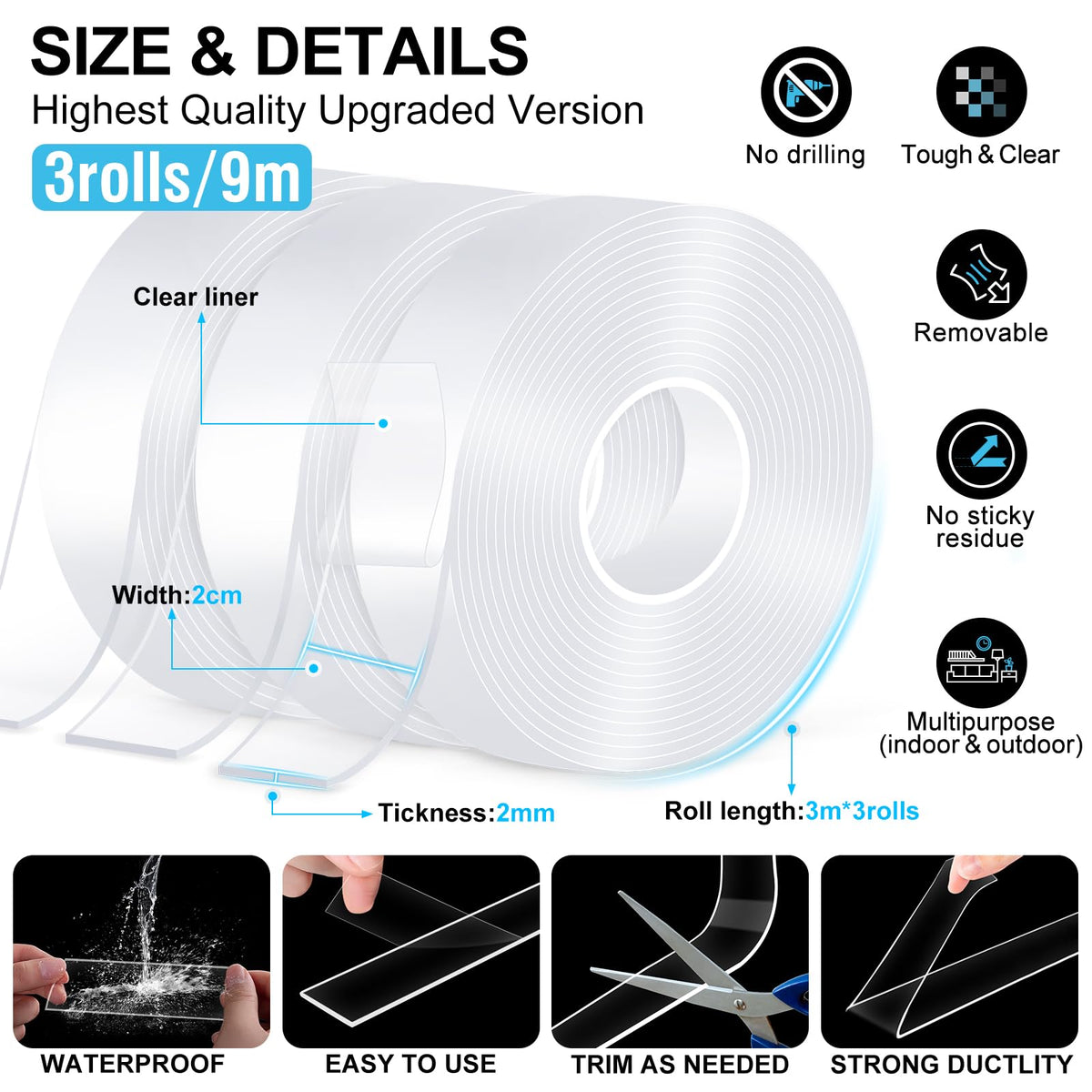 Double Sided Tape Heavy Duty,(6mx2cmx2mm,2Rolls) Strong Double Sided Mounting Nano Tape,Multipurpose Clear Adhesive Picture Hanging Strips,Removable Adhesive Sticky Tape for Poster Walls Decor Carpet