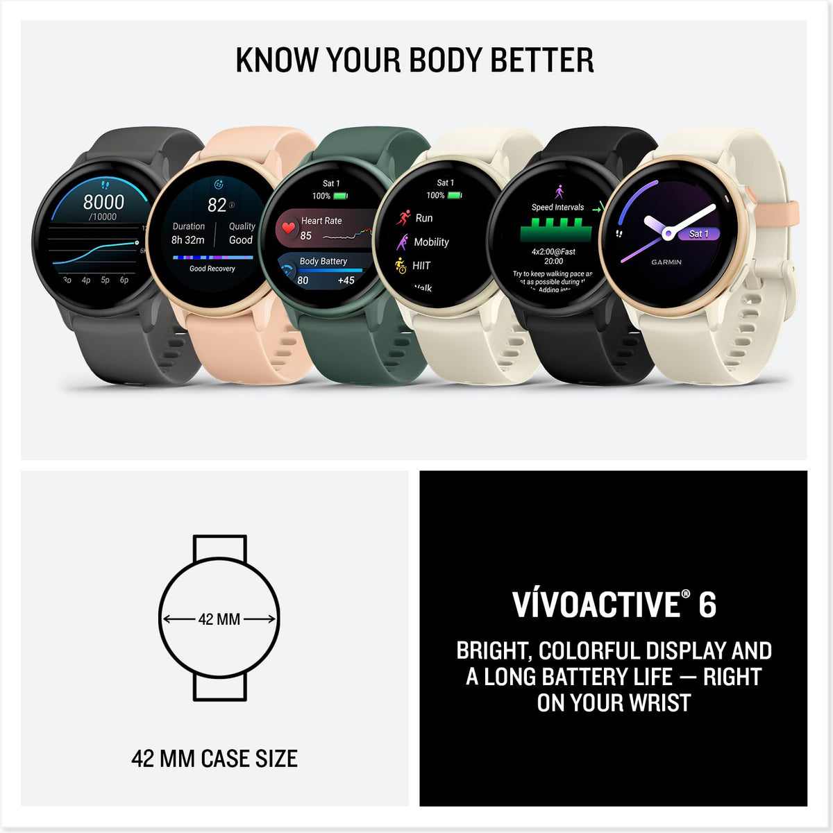 Garmin vívoactive 6, 42mm GPS smartwatch, AMOLED touchscreen, all-day health monitoring, personalised fitness features, advanced sleep coaching, Music, up to 11 days battery life, Bone/Lunar Gold
