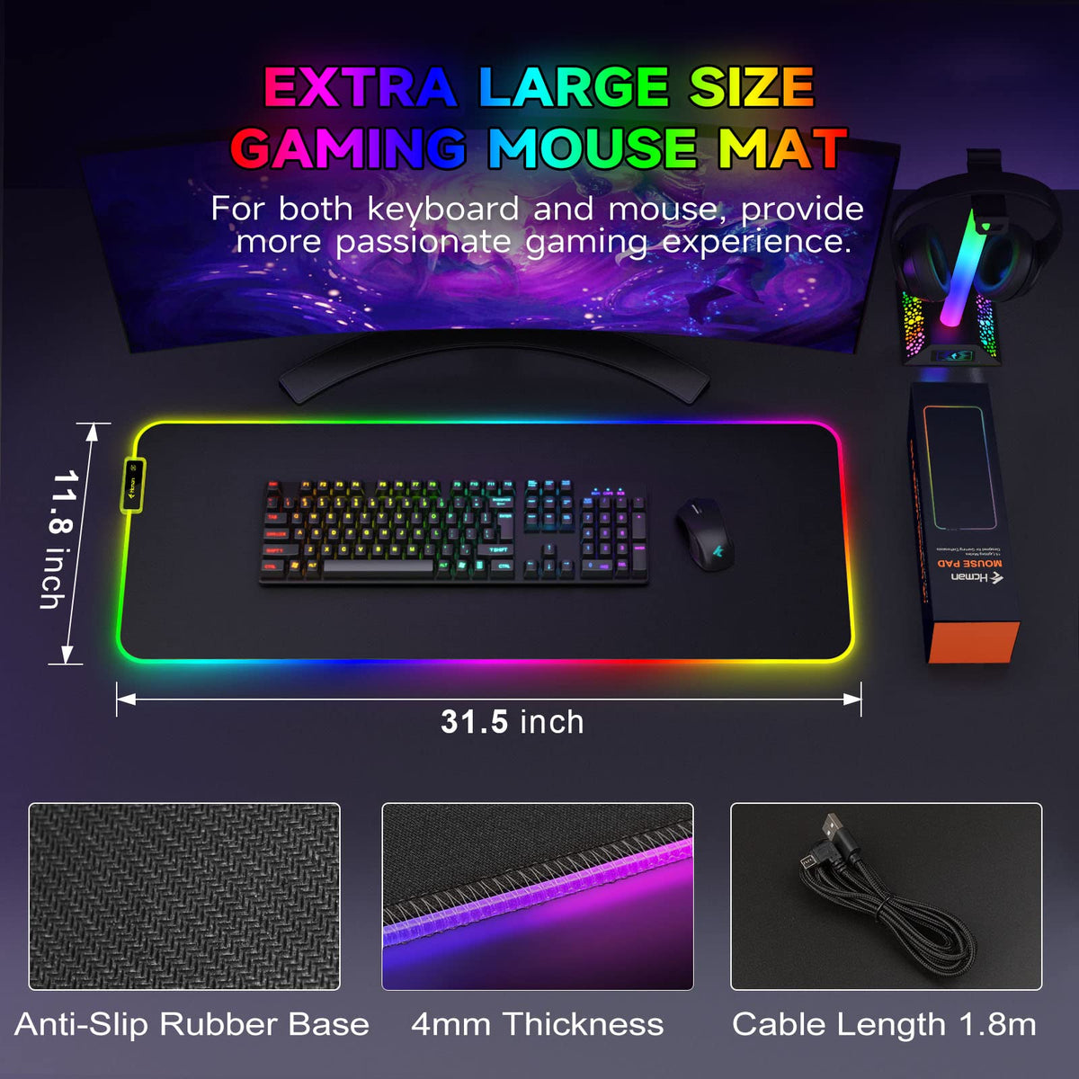 Hcman Charging RGB Gaming Mouse Pad - Wireless 15W Mousepad LED Extra Large